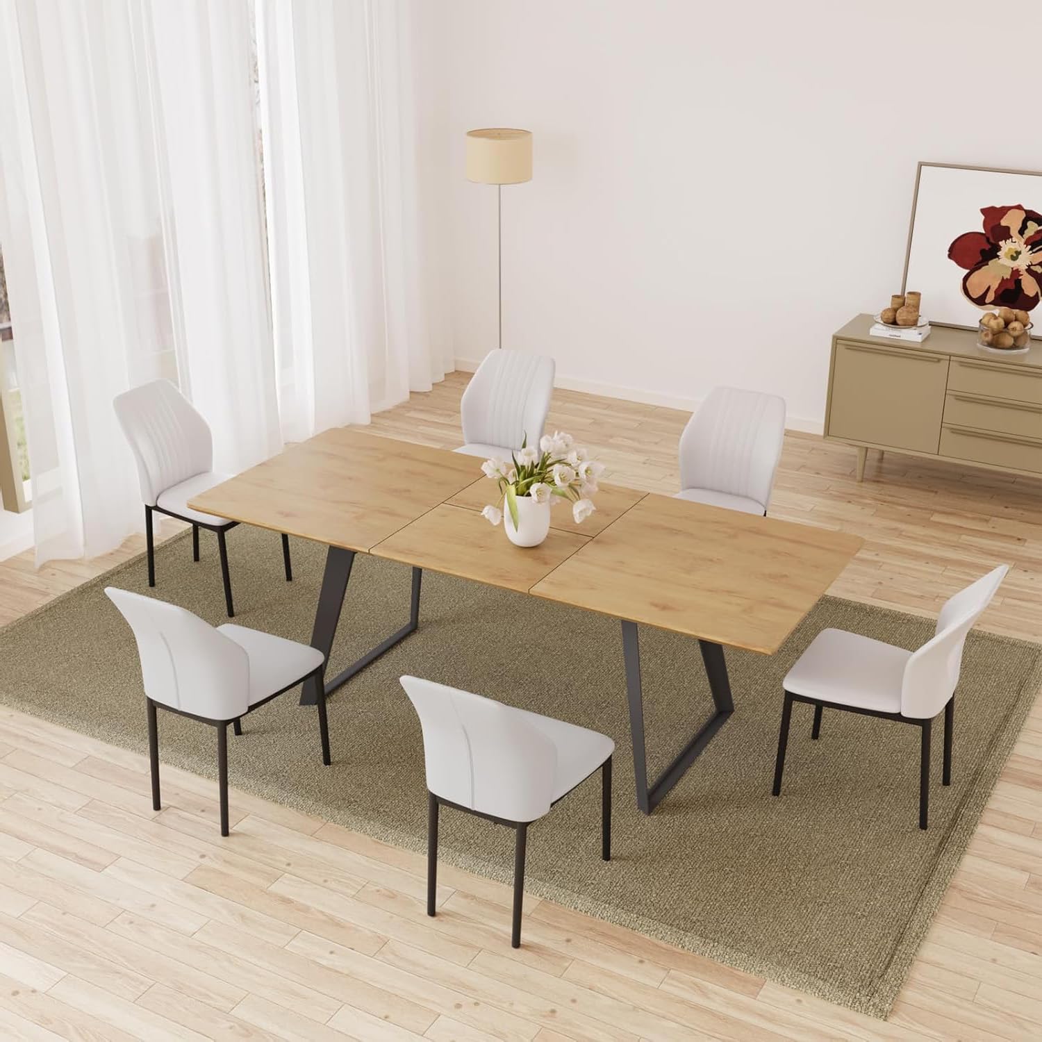 Wysuwany stół do jadalni z 4-6 białymi krzesłami 130-170 cm, płyta MDF, nowoczesne, zajmujące mało miejsca, meble kuchenne i jadalniane, na spotkania rodzinne, stylowy i funkcjonalny design