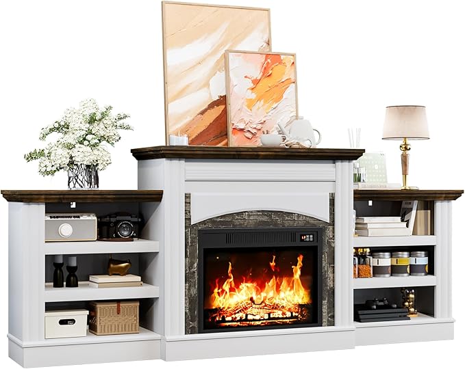 Chimenea eléctrica 72" con mueble TV y repisa, color blanco piedra miniatura 3