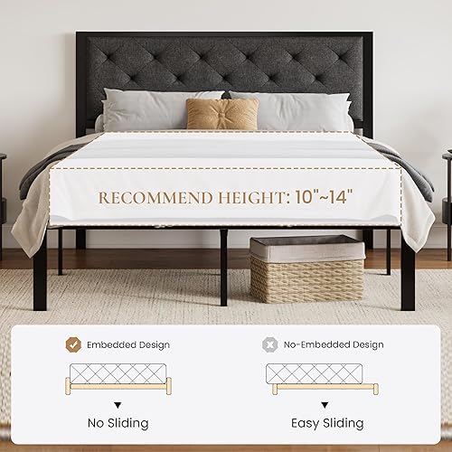 Miniatura 7 de SHA CERLIN Armazón de Cama de Plataforma Metálica Tamaño Completo, Cabecera Tapizada en Lino con Botones Capitonados, Base de Colchón con Gris