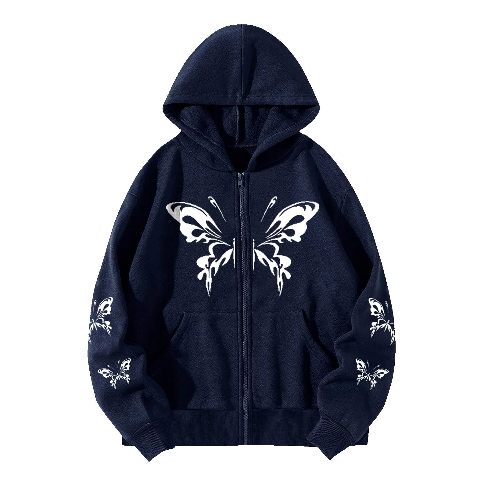 HGps8w Women's Gothic Thermal Fleece Zip Up Hoodies Butterfly Print Oversized Sweatershirt Harajuku Jackets Outwear