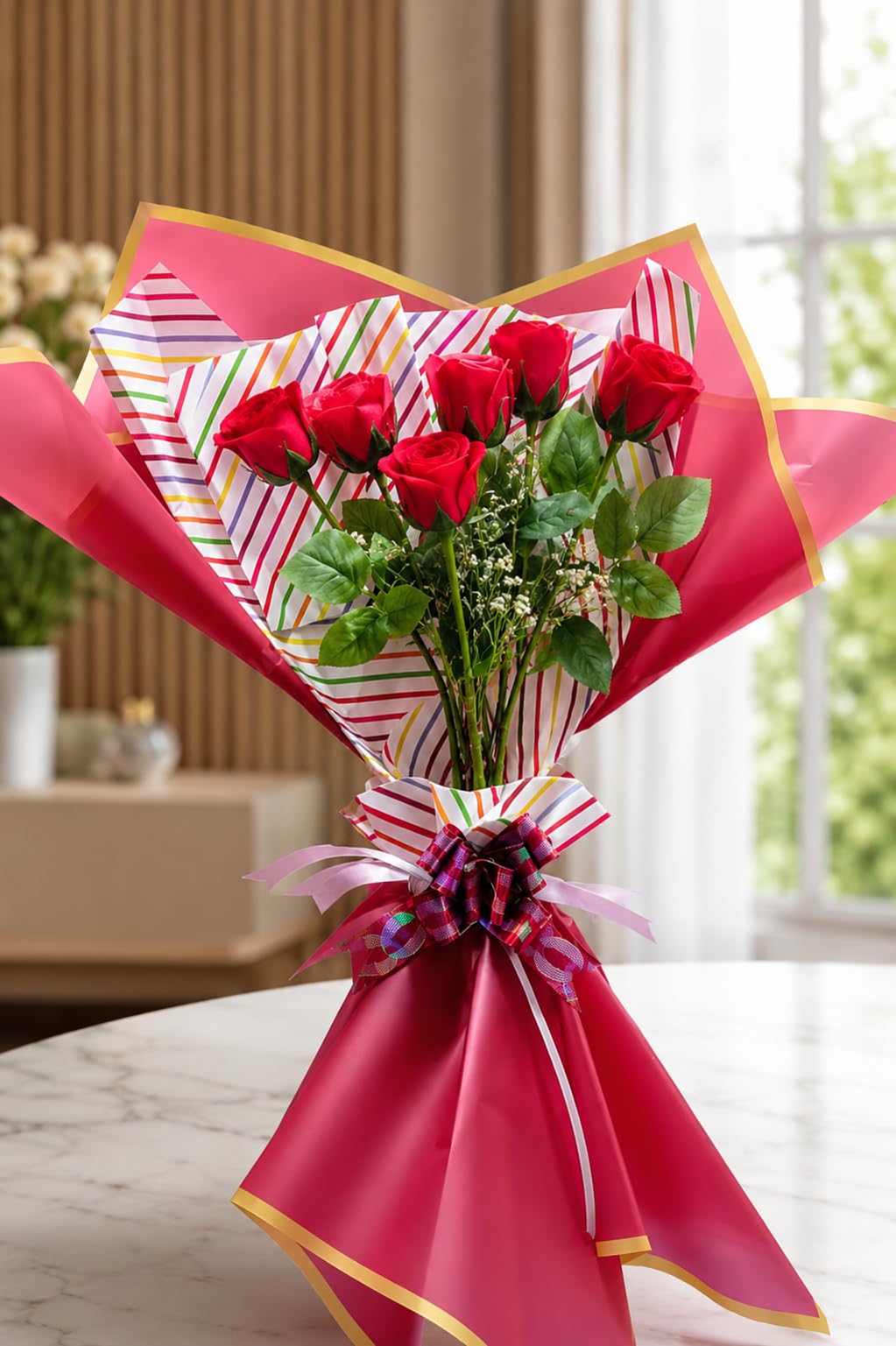 6 Red Roses Bouquet with Pink Wrapping and Ribbon Bow | Fresh Red Roses, Striped Designer Sheet, Baby's Breath Accent, Multi-colour Bow, Anniversary & Valentine's-image-10