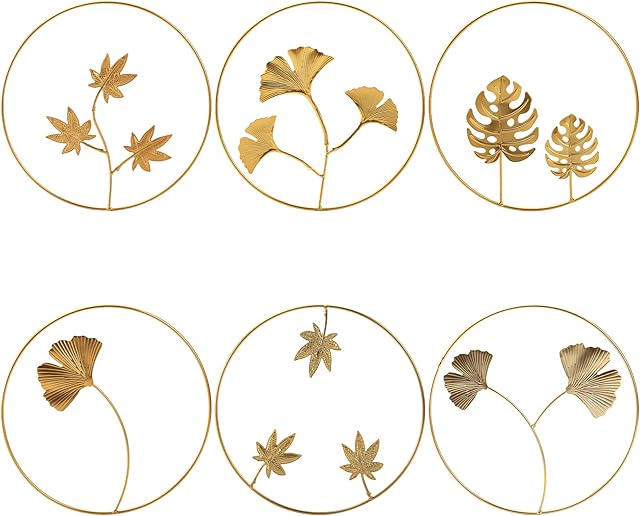 YOUEON 6 Pack Gold Wall Decor 9.5 Inch Iron Wall Sculptures Gold Leaves Wall Decor with Frame Round Golden Metal Leaf Hanging Decoration Metal Wall Art for Living Room Office Bedroom Simplified Decor