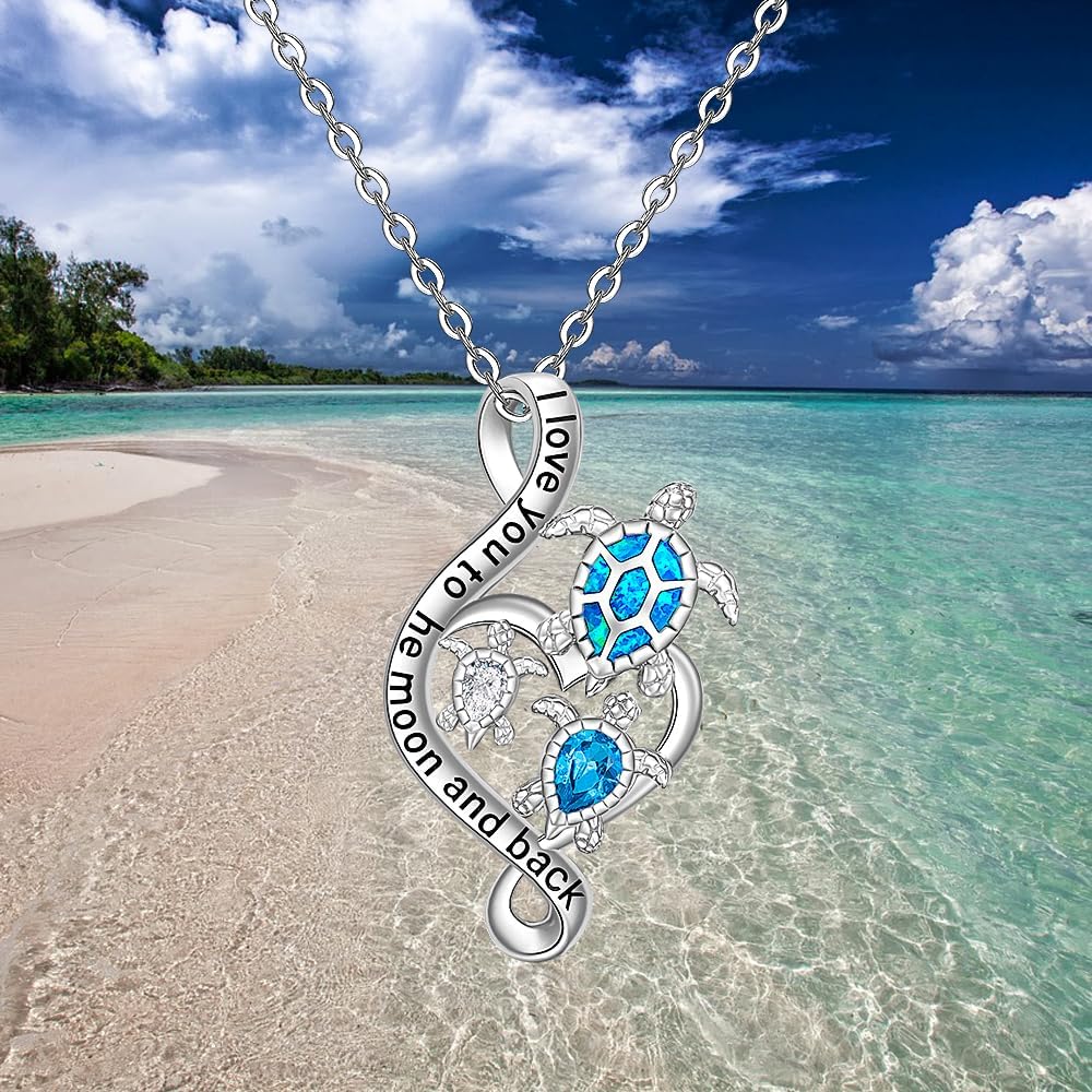 Fenthring Turtle Necklace for Women Sea Turtle Gifts Mom Pendant Blue Opal Topaz Sterling Silver Heart Infinity Mother Daughter Wave Christmas Gifts for Women - Image 5