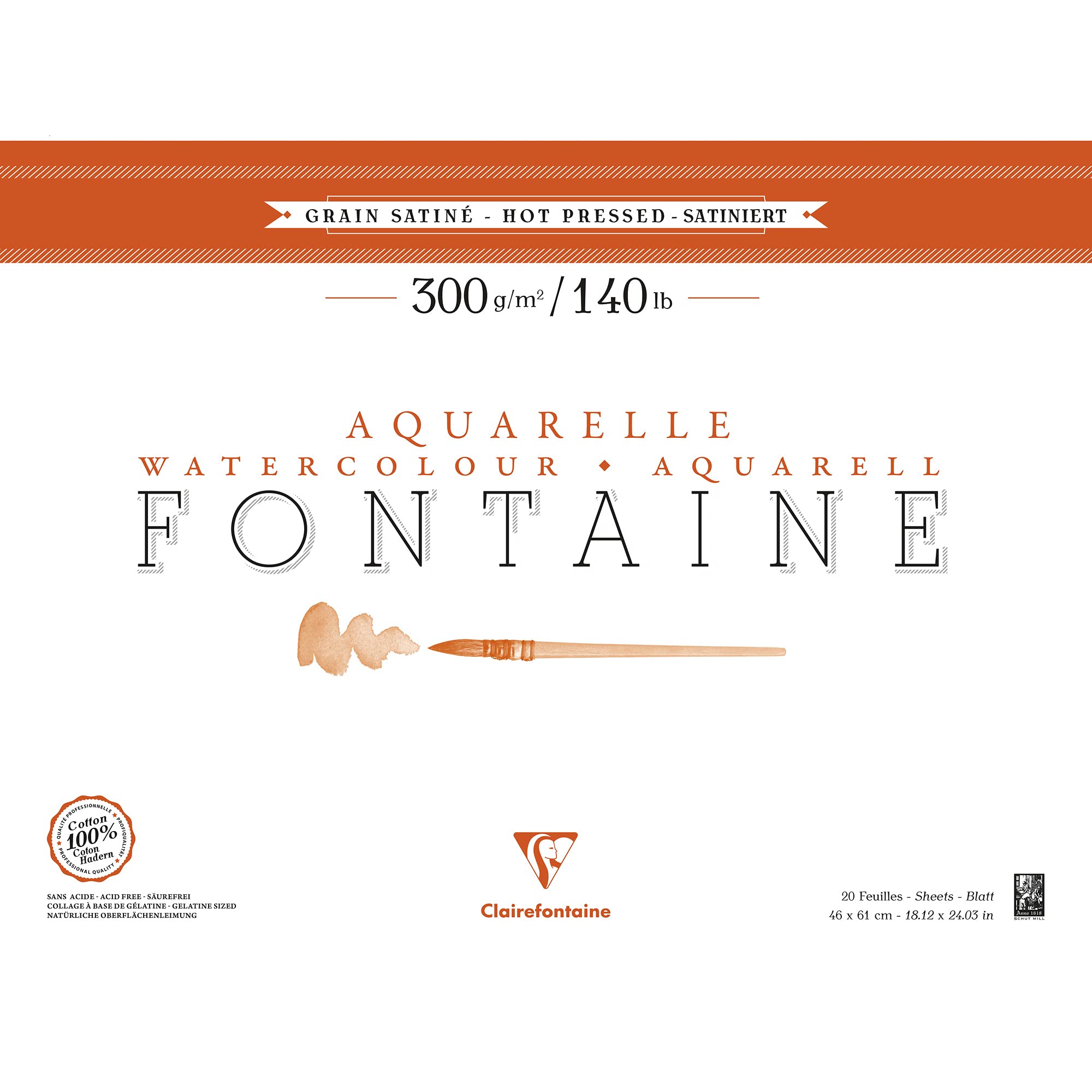 Clairefontaine 96347C Aquarellblock Fontaine Satiné (100% Hadern, feinkörnig, glatt, für Nass- und Trockentechniken geeignet, säurefrei, 300g, 46 x 61 cm, 20 Blatt) weiß