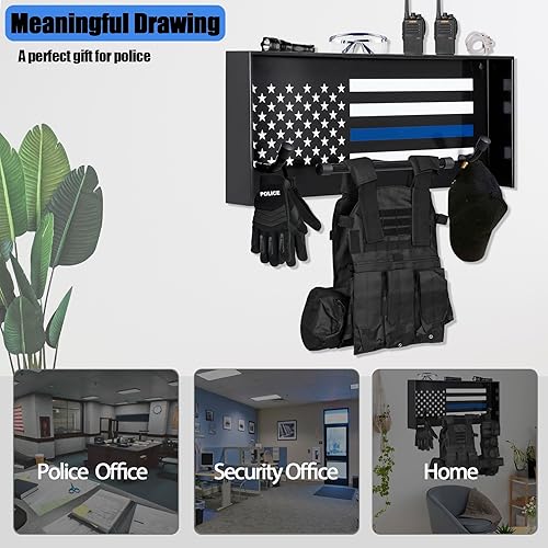 Miniatura 6 de BUYYAH Police Gear Stand, Police Hanger, Tactical Duty Gear Rack with 3 Hooks, Free-Standing All Iron Frame Police Gift Decor with Flag, Black, Come