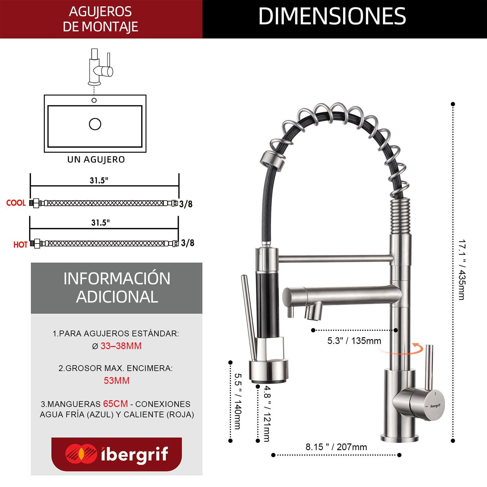 Ibergrif Grifo Profesional Cocina con Ducha Extraíble, Mezclador de Fregadero, Acero Inoxidable