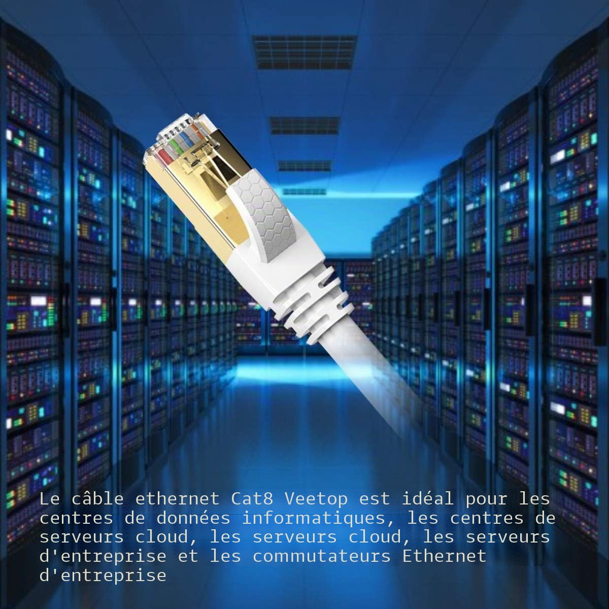 Veetop Câble Ethernet Cat 8, RJ45 50m Cable Réseau, Cat8 40Gbps 2000MHz Gigabit S/FTP Câble Internet Lan pour PS5, Routeur, Téléviseurs, Xbox, Plus Rapide que Cat 6/Cat 7