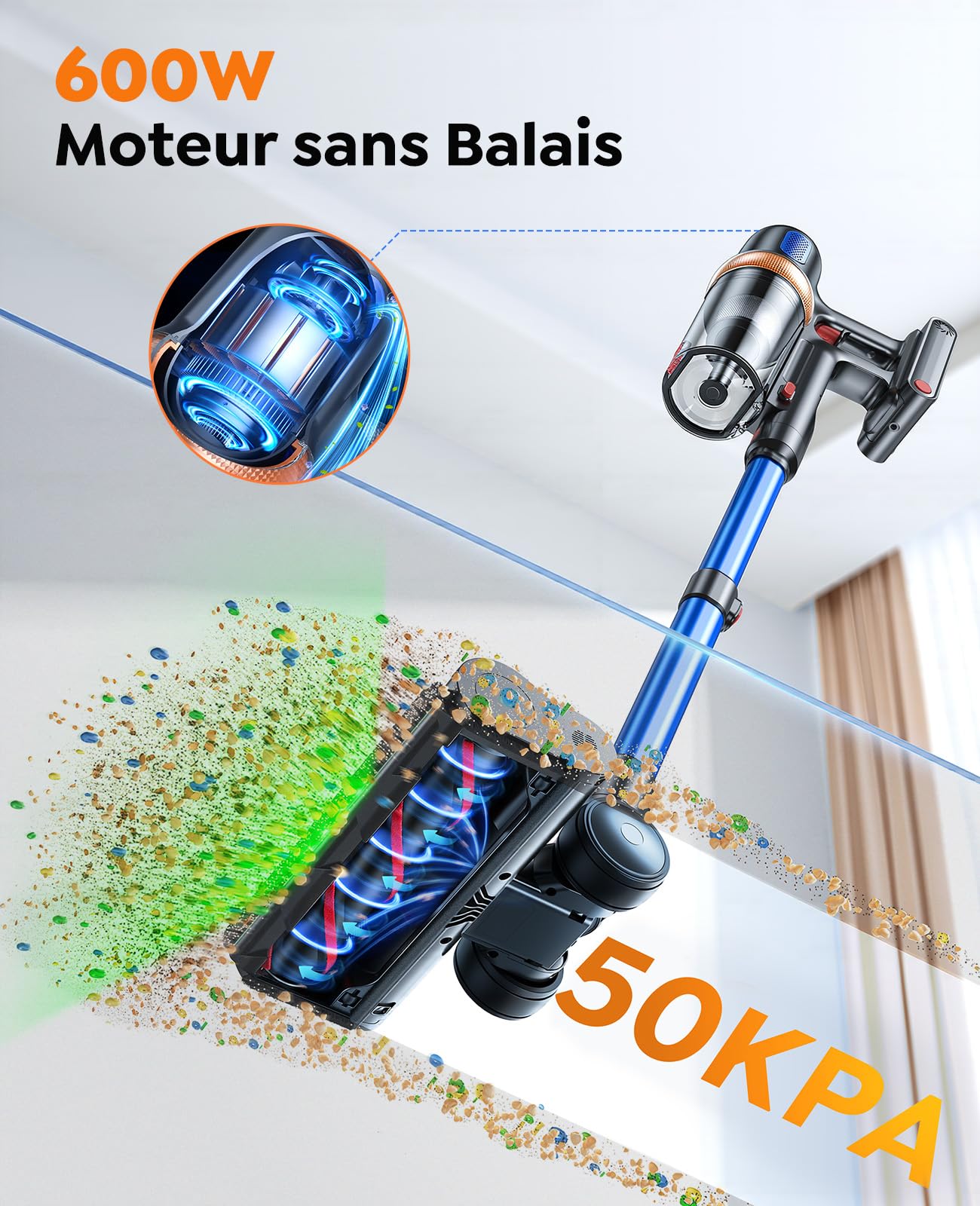 Aspirateur sans fil, 600 W 50 kPa, aspirateur balai avec écran tactile, jusqu'à 65 minutes d'autonomie, aspirateur puissant sans fil avec support mural rechargeable, aspirateur léger pour parquet