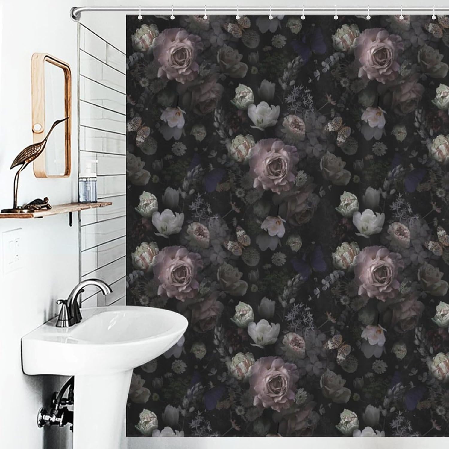 Vintage Floral Shower Curtains Gothic Victorian Black Pink Flower Rose Retro Bath Curtains for Bathroom Decor Polyester Fabric，66x72 Inch