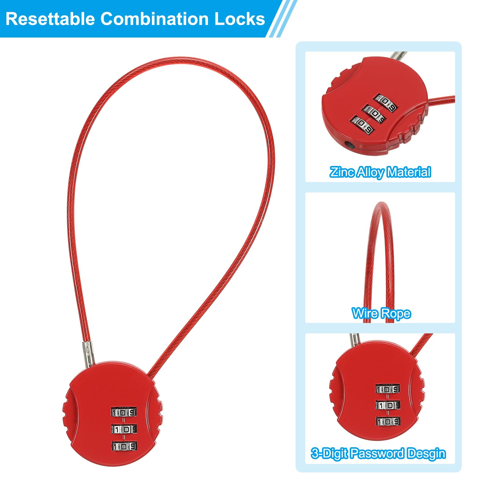 PATIKIL 2 Pack 3 Digit Combination Lock,Round Helmet Padlock Cable Lock Gym Locker Lock with 0.98Ft Flexible Security Steel Lock Wire for Bike Locker Travel Luggage Red - Image 3