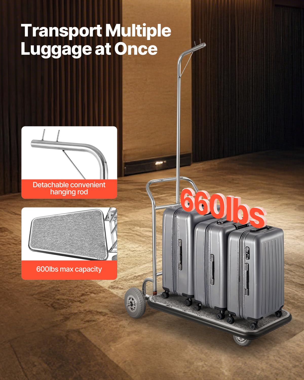 VEVOR Chariot à Bagages Hôtel, 272 kg, Chariot à Plate-forme de Concierge Finition Acier Inoxydable à 3 Roues en Caoutchouc, avec Moquette Grise, Porte-bagages pour Hôtels, Condos, Complexes Hôteliers