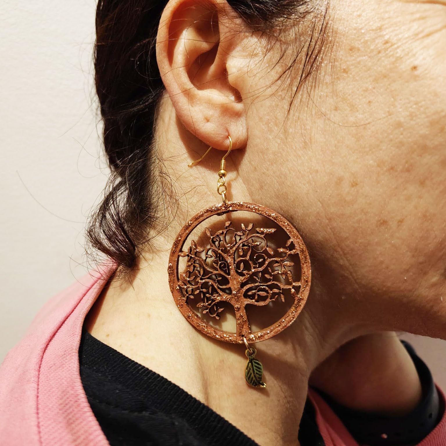 Boucles d'oreilles peintes à la main - L'ARBRE DE VIE DE KLIMT - Boucles d'oreilles pendantes pour femme, Bijoux en bois peint, Crochet en argent, Fabriqué en Italie, Bijoux décorés, Artisanat