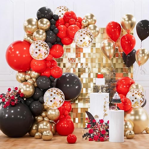 PartyWoo - kit de arco de guirnalda de globos rojo, negro y dorado, 142 piezas de diferentes tamaños de 18, 12, 10, 5 pulgadas. Globos lisos negros,