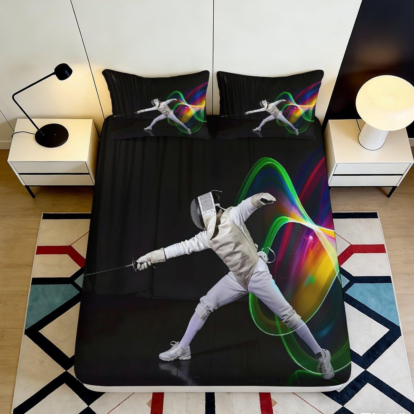 Pnayamiorkfel Style-6 3D Printed Fencing Athlete Fitted Sheet Microfiber Colourful Wave Bed Cover For Bedroom Guest Room Mattress Decor 90X200x25cm