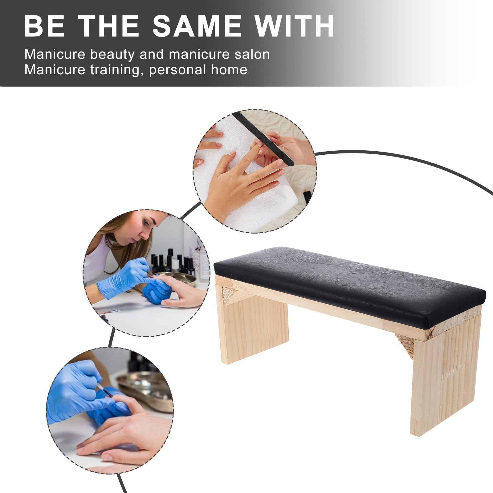 Cojín para Reposamanos de Manicura en Madera y Material Negro, Práctico y Resistente para Entrenamiento y Embellecimiento de Uñas en Salón o Casa