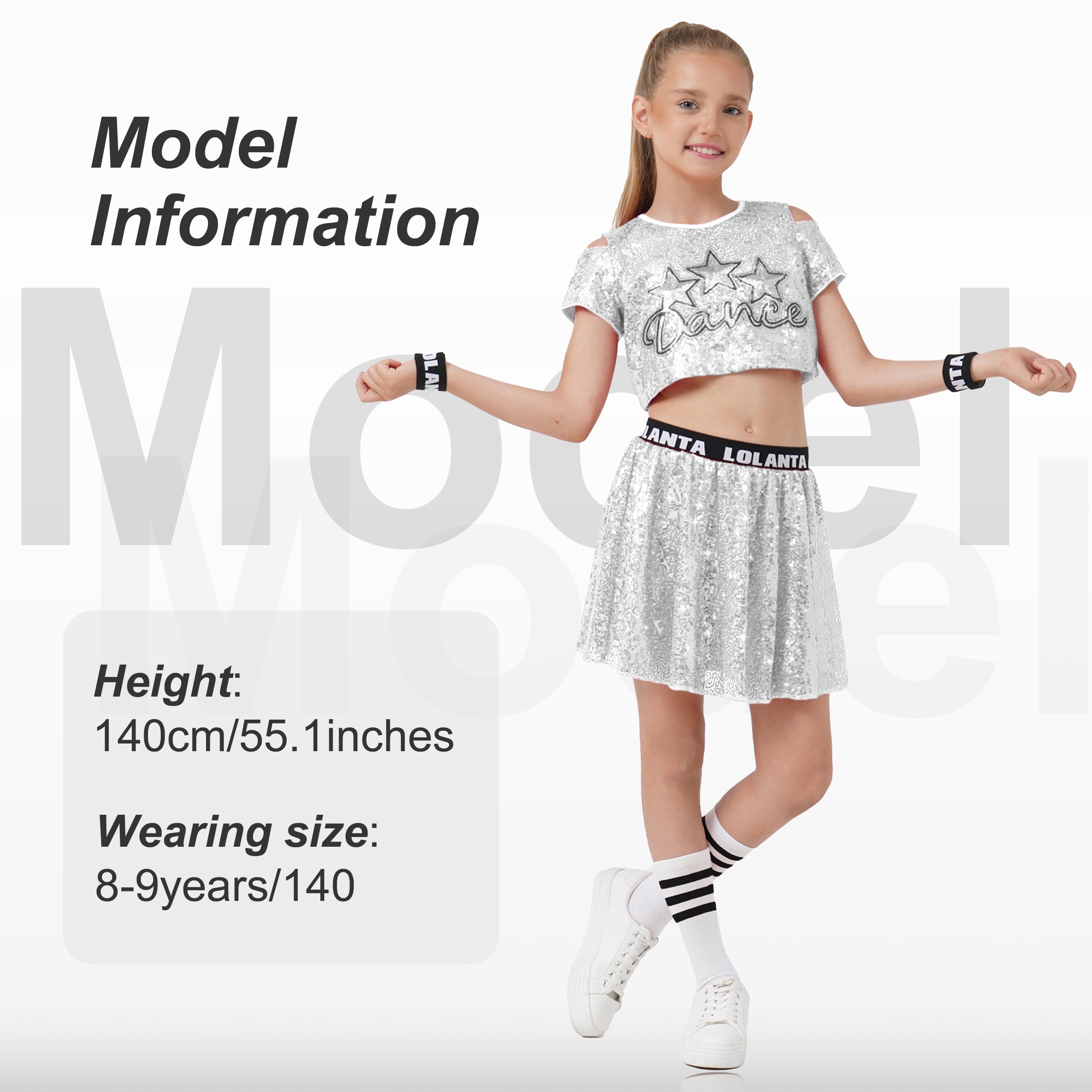 LOLANTA Tenues de Danse à Paillettes pour Filles, Vêtements de Danse Jazz Hip Hop Scintillants, Hauts Courts avec Jupe 5-12 Ans