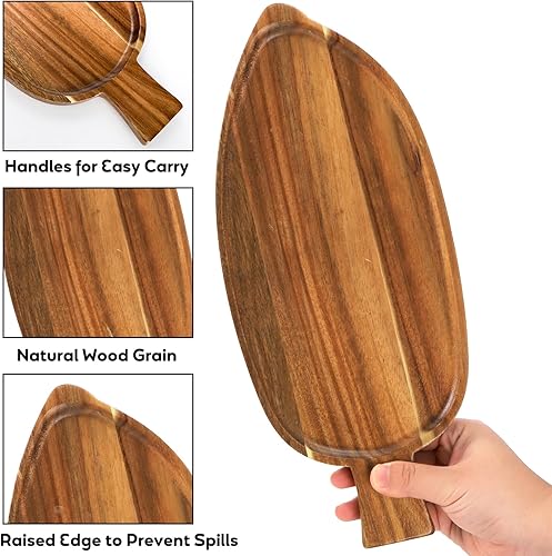 Miniatura 3 de YOUEON 2 bandejas de madera de acacia en forma de hoja, 13 x 5.5 pulgadas, bandejas de madera versátiles para queso, aperitivos, frutas, velas,