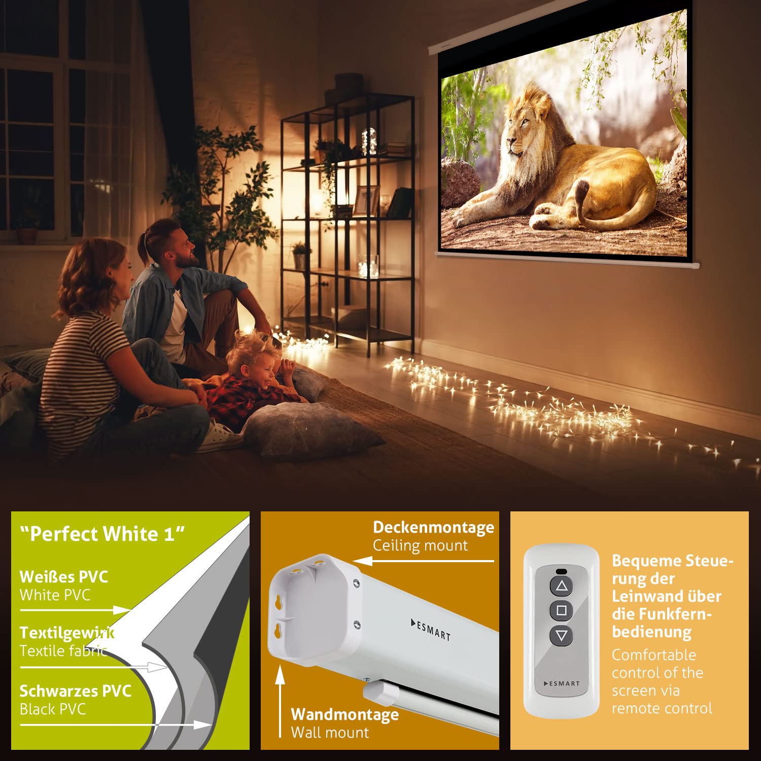 ESMART Economía EXM Pantalla de Motor 177 cm Imagen 140 x 105 cm (69") | Formato 4:3 | Control Remoto | Pantalla de proyección de proyector eléctrico de Cine en casa Pantalla de Motor LCD