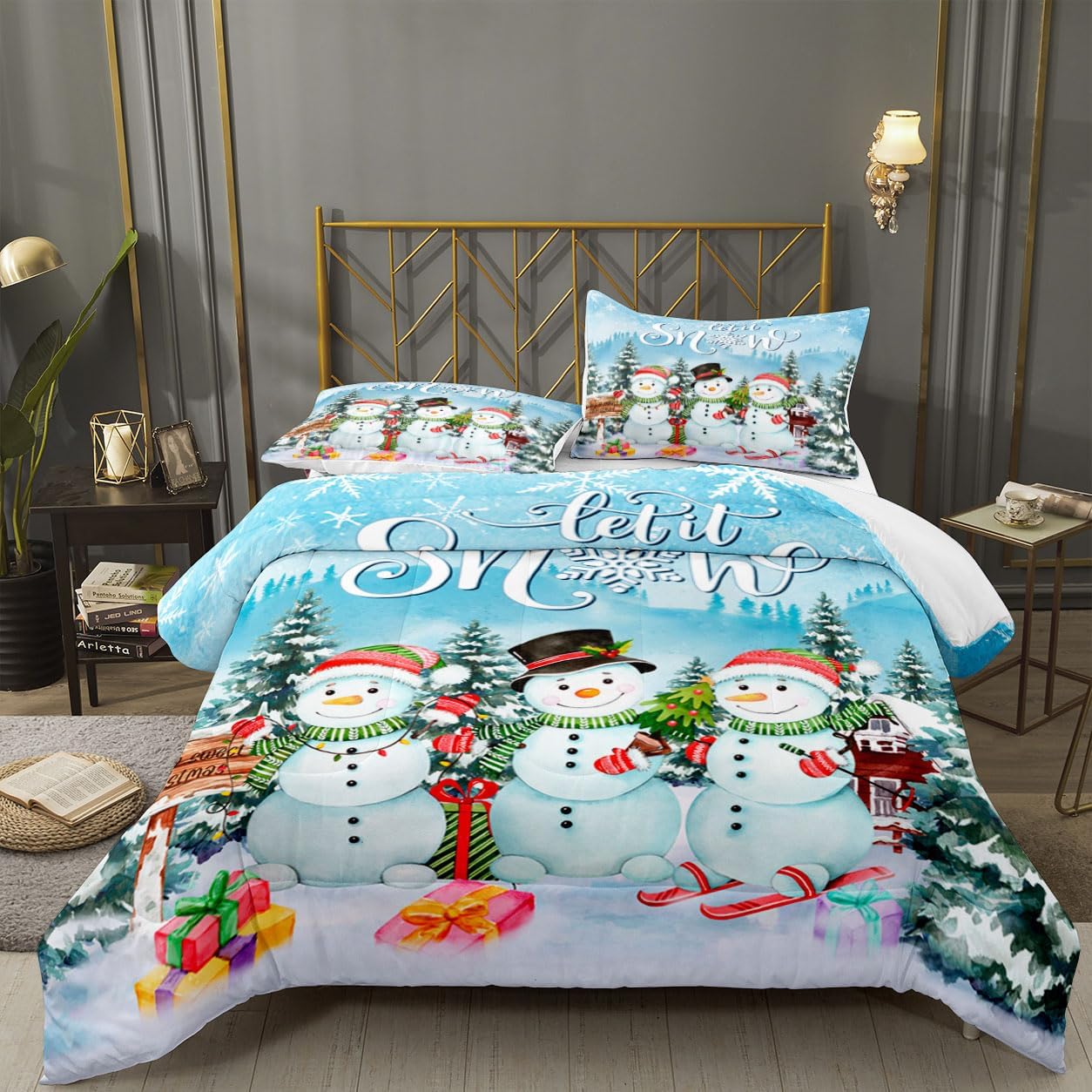 Winter Wonderland Landscape Snowman Comforter Set Christmas Tree Printed Quilt Bedding Set with 1 Comforter and 2 Pillow Covers for Bedroom Dormroom All Season Full 80x90inches