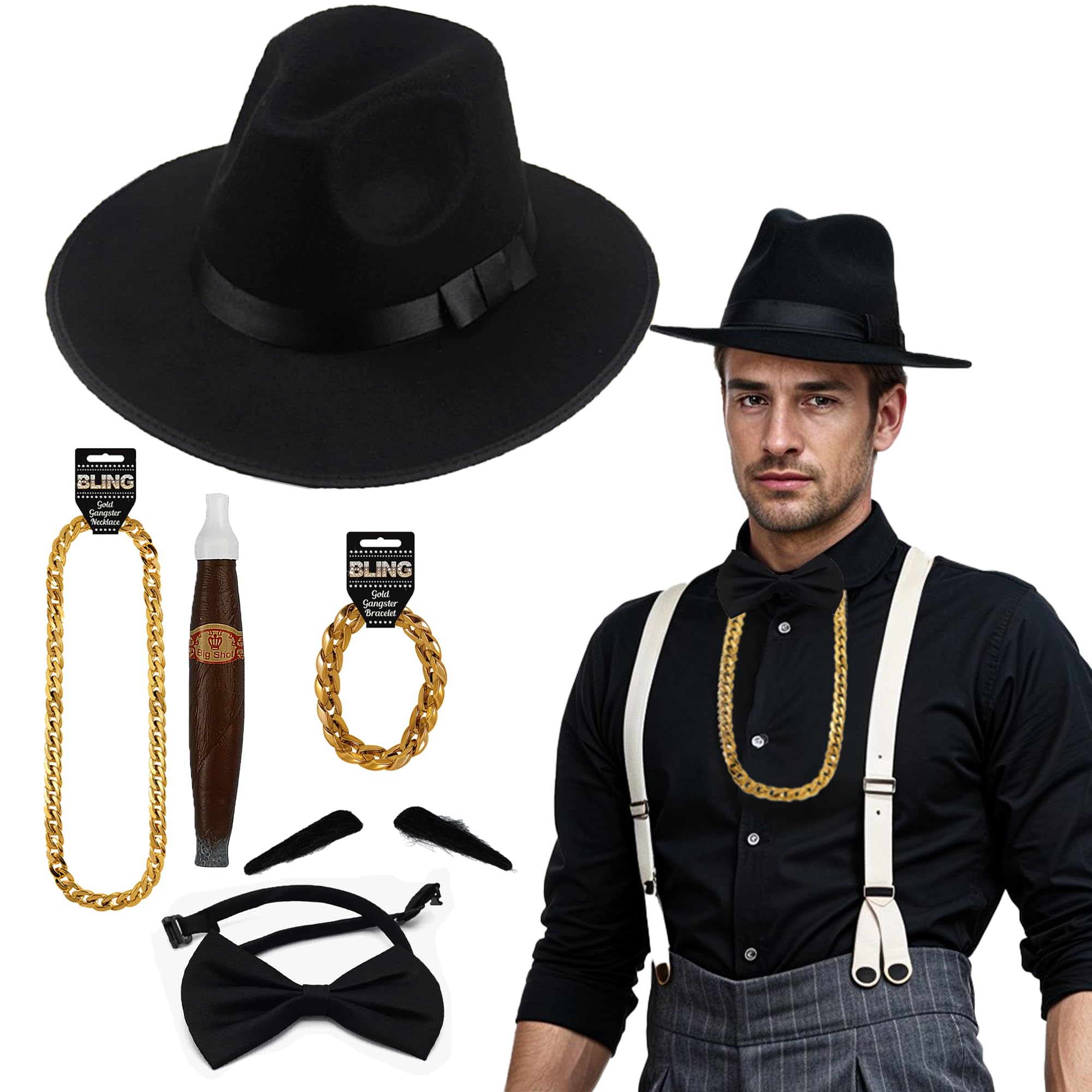 Adults 1920'S Gangster Costume Accessories, 80s 90s Men AL Capone Gangster Hat Black Tie Sunglasses, Mafia Gatsby Costume for 1920's Dress Up Film Party Fancy Dress, Set 2
