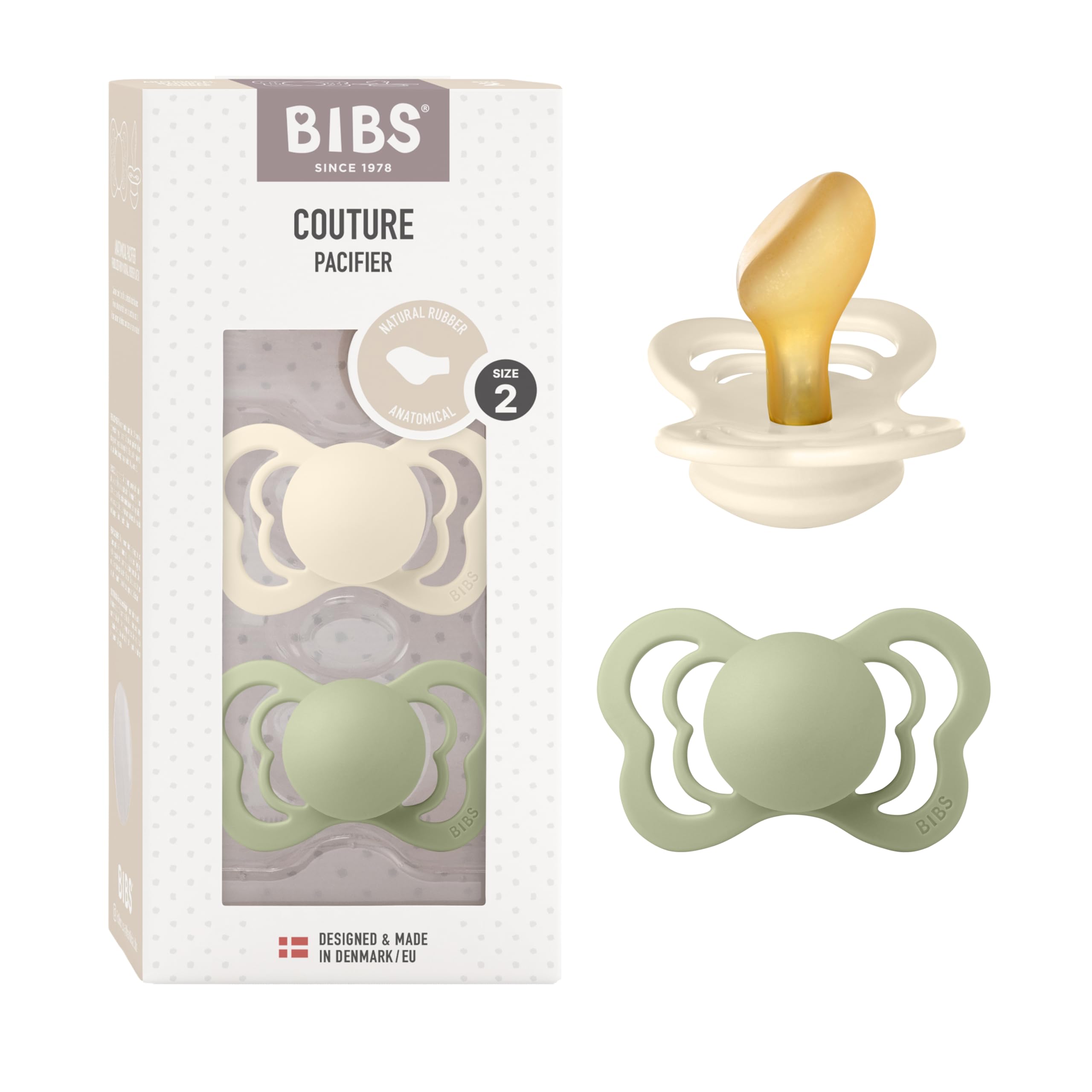 BIBS Couture Natural Rubber Baby Pacifier - Anatomical & Soft Nipple, Gentle Shield Prevents Skin Irritation & Moisture Buildup, 100% Food Grade, BPA Free Soother, 6-18 Months, Pack of 2, Ivory & Sage-image-20