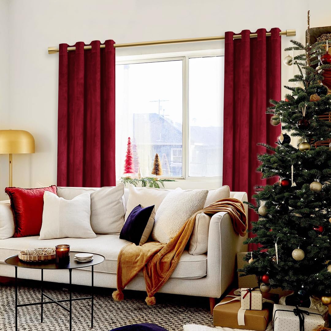 JIUZHEN Décorations de Noël Lot de 2 Rideaux Velours Occultants Doux et Opaques à Oeillets Rideau Thermique Isolant Anti Chaleur et Frois pour Chambre Décoration 140x145cm (LxH) Rouge Bordeaux
