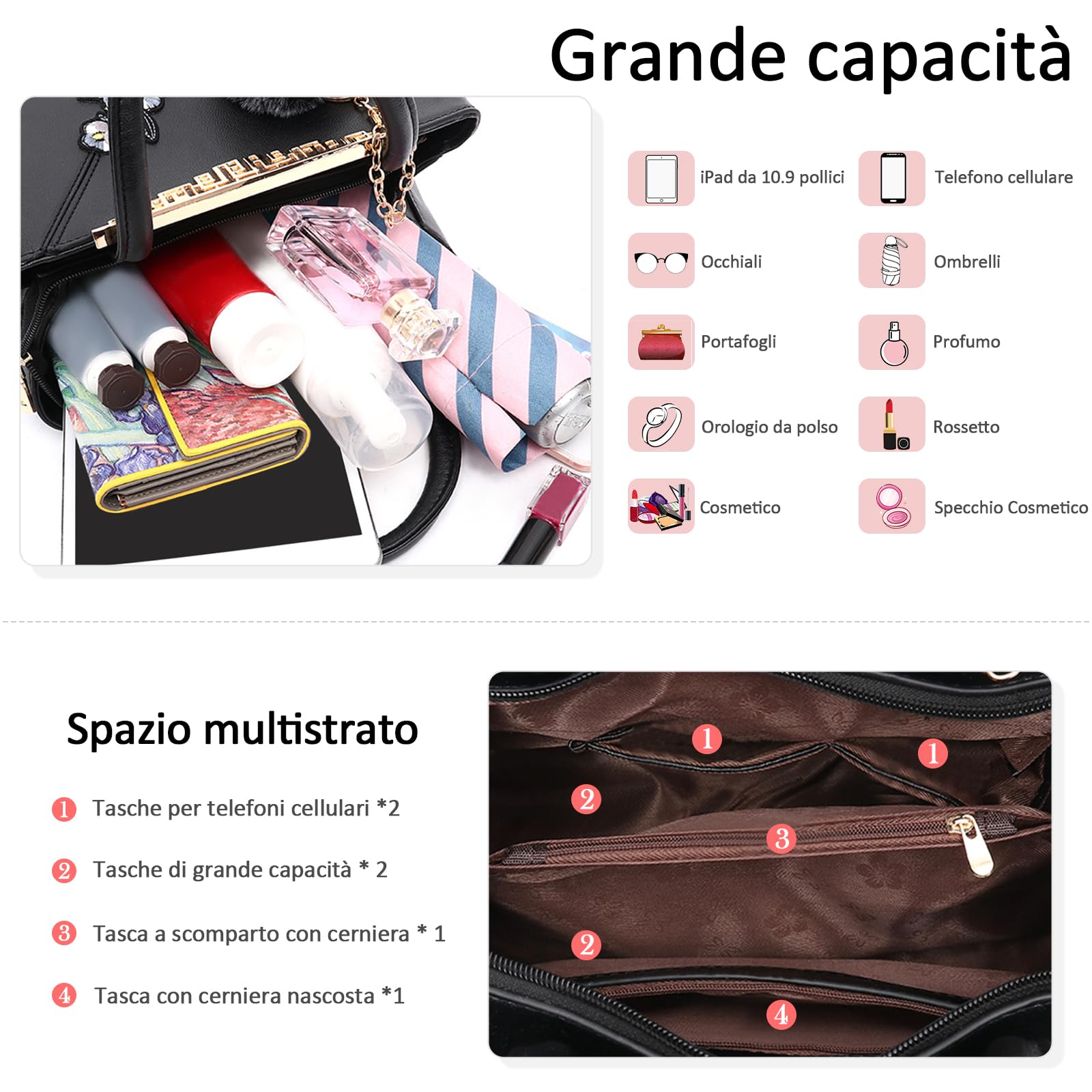 Borsa Donna a Mano, Borsa a Tracolla Elegante in Pelle PU, Borsa a Spalla Donna Grande con Ricamo Floreale e Pompon per Lavoro, Shopping, Viaggio e Uso Quotidiano Nero A