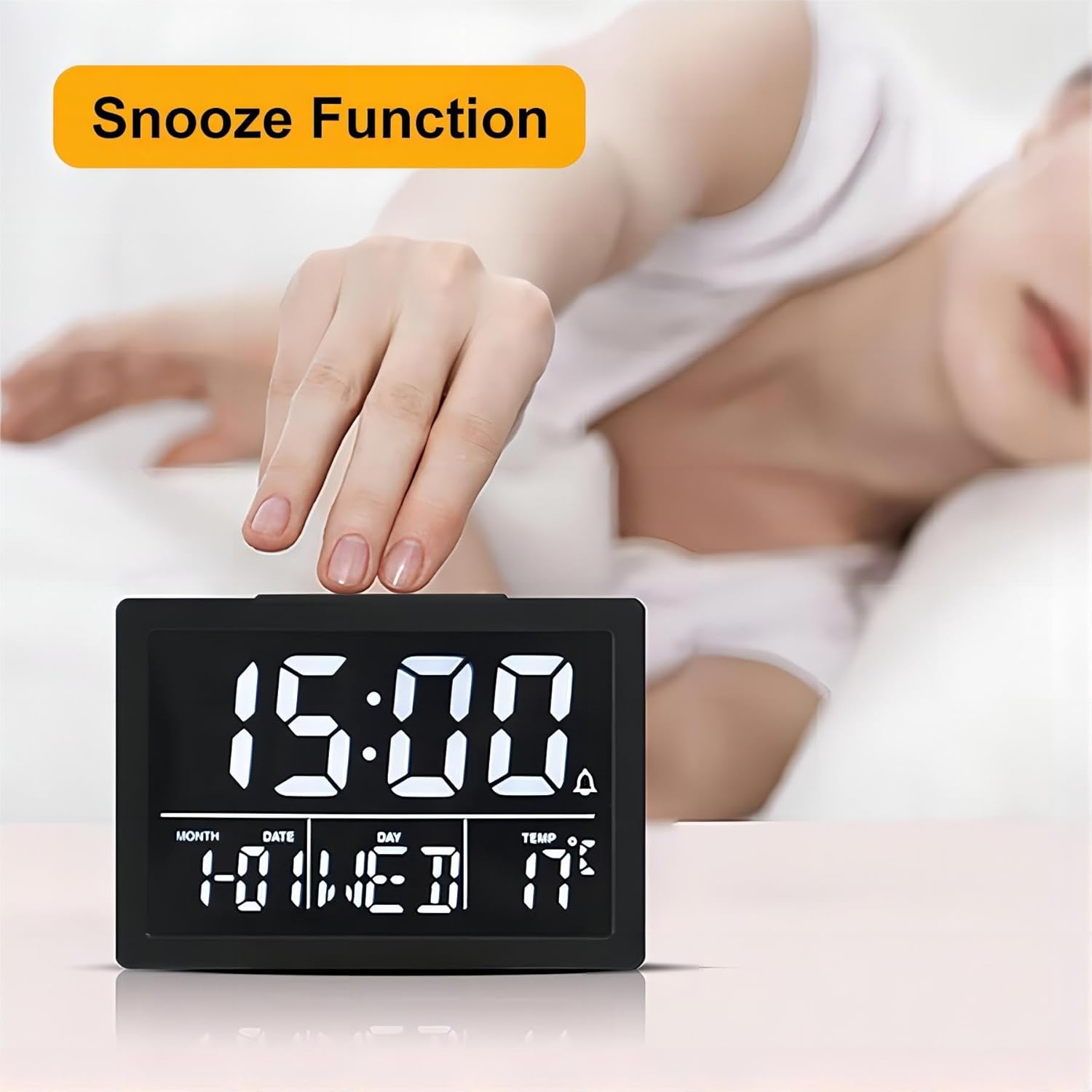 Lancoon Digital Alarm Clock with 'Snooze Function' text, showing a hand pressing the large button on top.