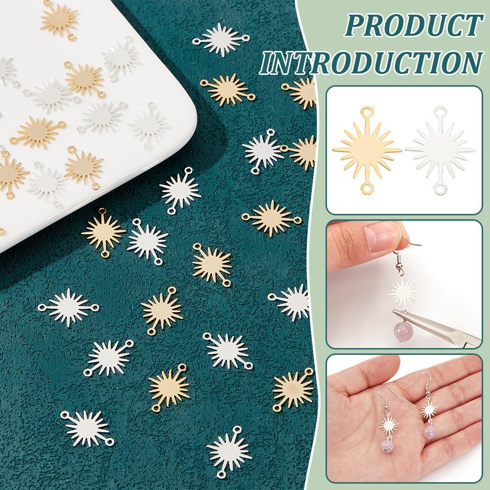 BENECREAT 60Pcs 2 Colors Real 24K Gold & 925 Sterling Silver Plated Brass Link Charms, Sun Connectors with Double Hole for Bracelet, Necklace and DIY Jewelry Making - Image 4