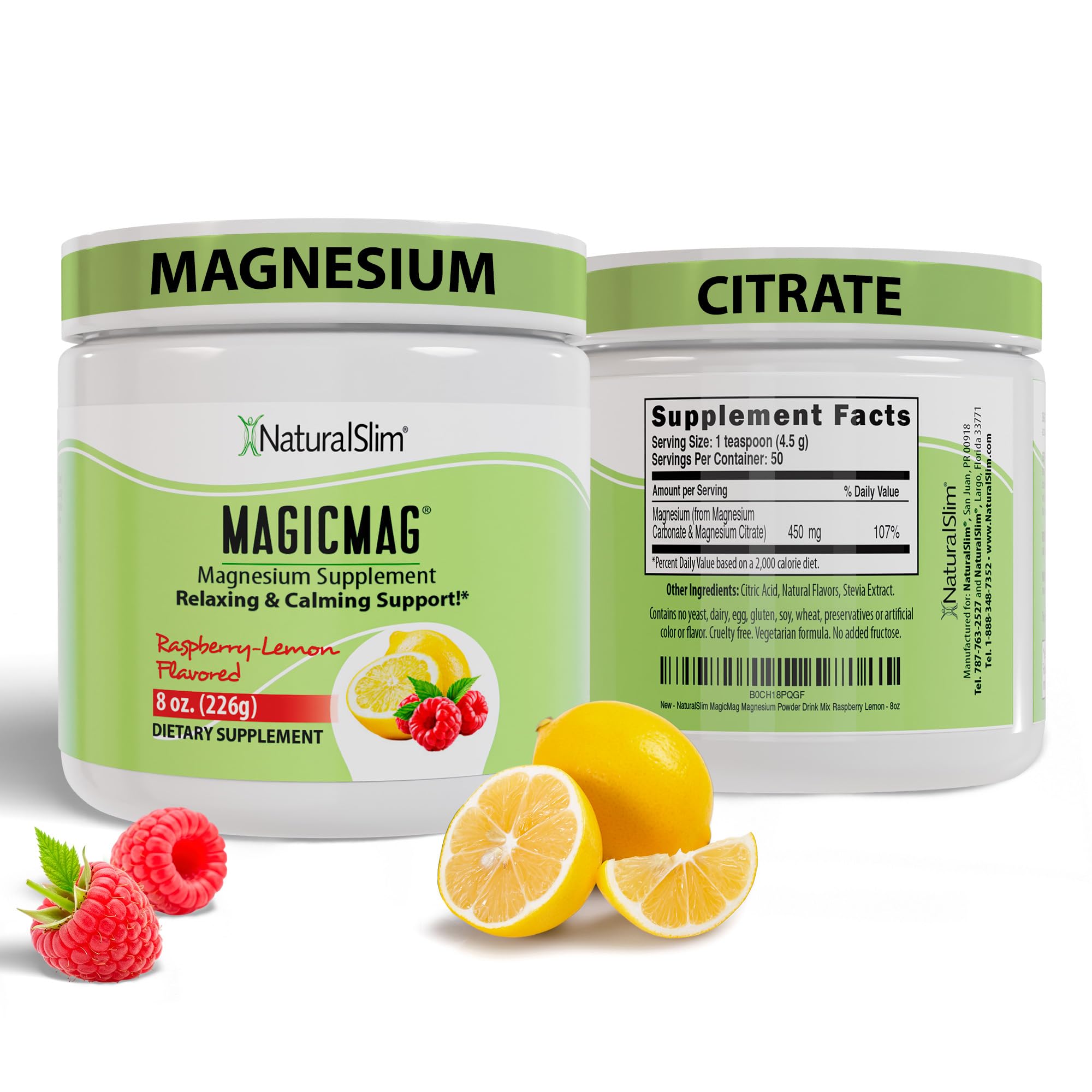 NaturalSlim MagicMag Magnesium Citrate Powder Drink for Relaxation, Stress, Constipation, Better Rest & Digestive Health, Magnesium Supplement for Women and Men, Raspberry Lemon 8oz