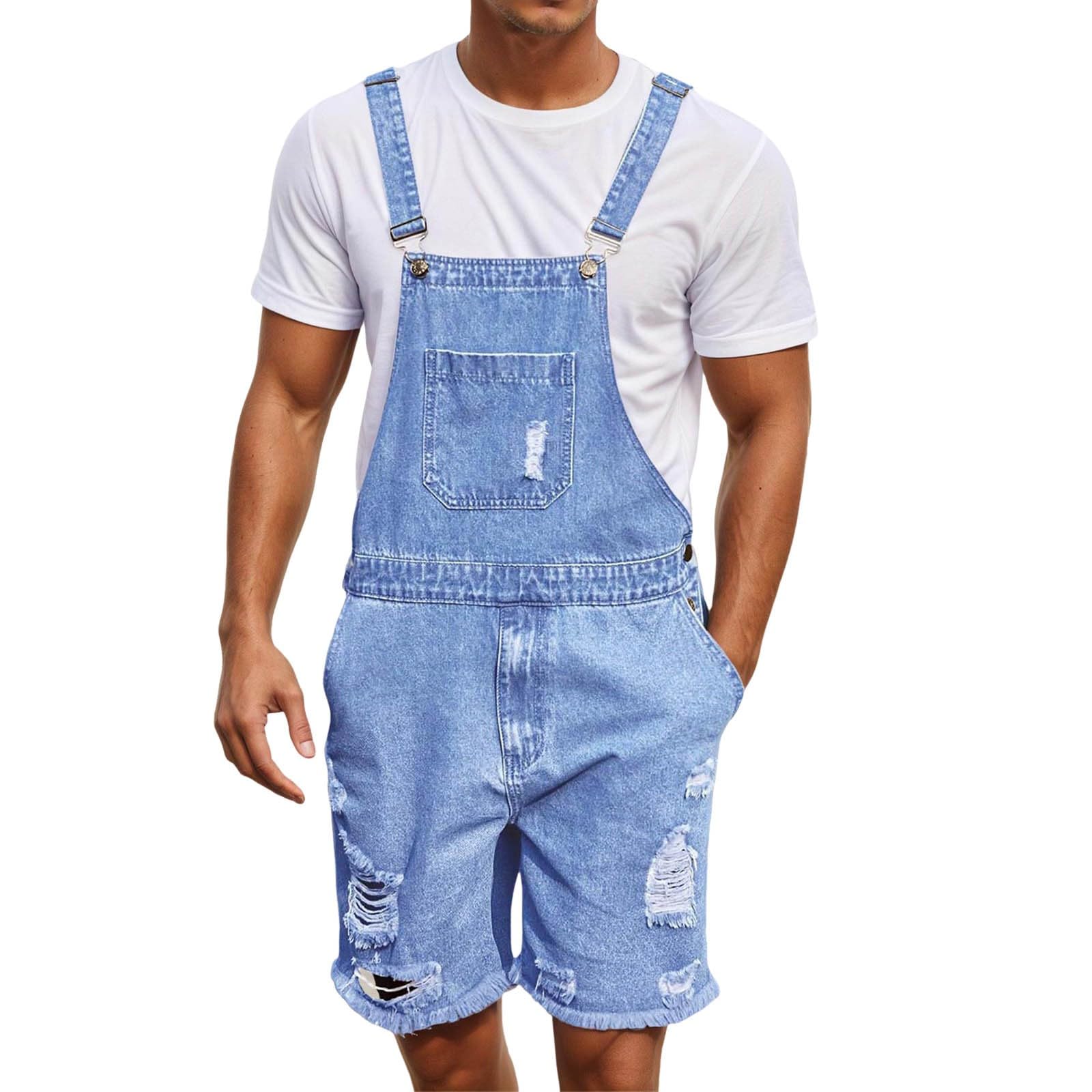 Generisch Mono vaquero para hombre, pantalones cortos de verano, ropa de trabajo ajustable, mono vaquero corto, corte holgado, mono de verano con bolsillos, pelele rasgado