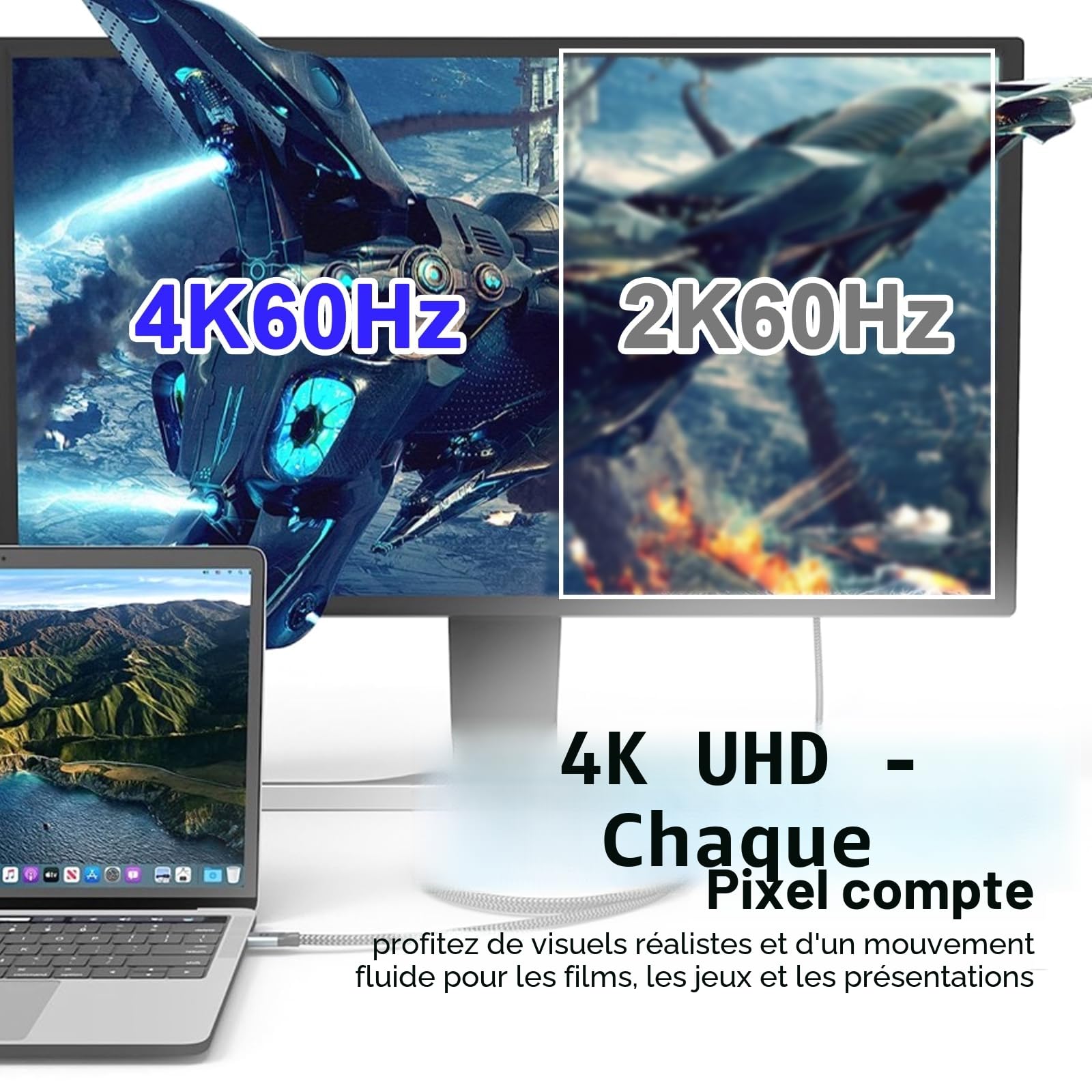 Câble USB C vers HDMI 4K60Hz T9 2 m tressé, adaptateur HDMI vers USB C, câble HDMI compatible avec iPhone 17/16/15 Pro Max, MacBook Pro/Air, iPad, Samsung S25/S24, Dell, Surface