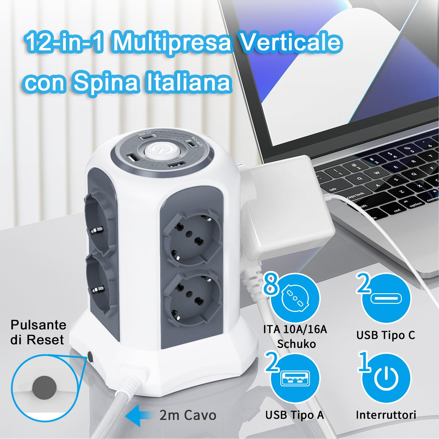 TOPREK Regleta Vertical con 8 Tomas Universales ITA 10/16A y Schuko y 2 USB C y 2 USB A (USB-C1 20W PD3.0 Carga Rápida), 4000W/16A, Regleta con Interruptor, Cable de 2M, Enchufe 16A, Oscuro Gris | 2 tipo C (20 W PD3.0 carga rápida) y 2 tipo A y 8 universa
