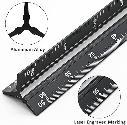 Miniatura 3 de Regla de escala de ingeniero de 12 pulgadas, regla de ingeniería triangular grabada con láser de aluminio sólido con ranuras codificadas de color,