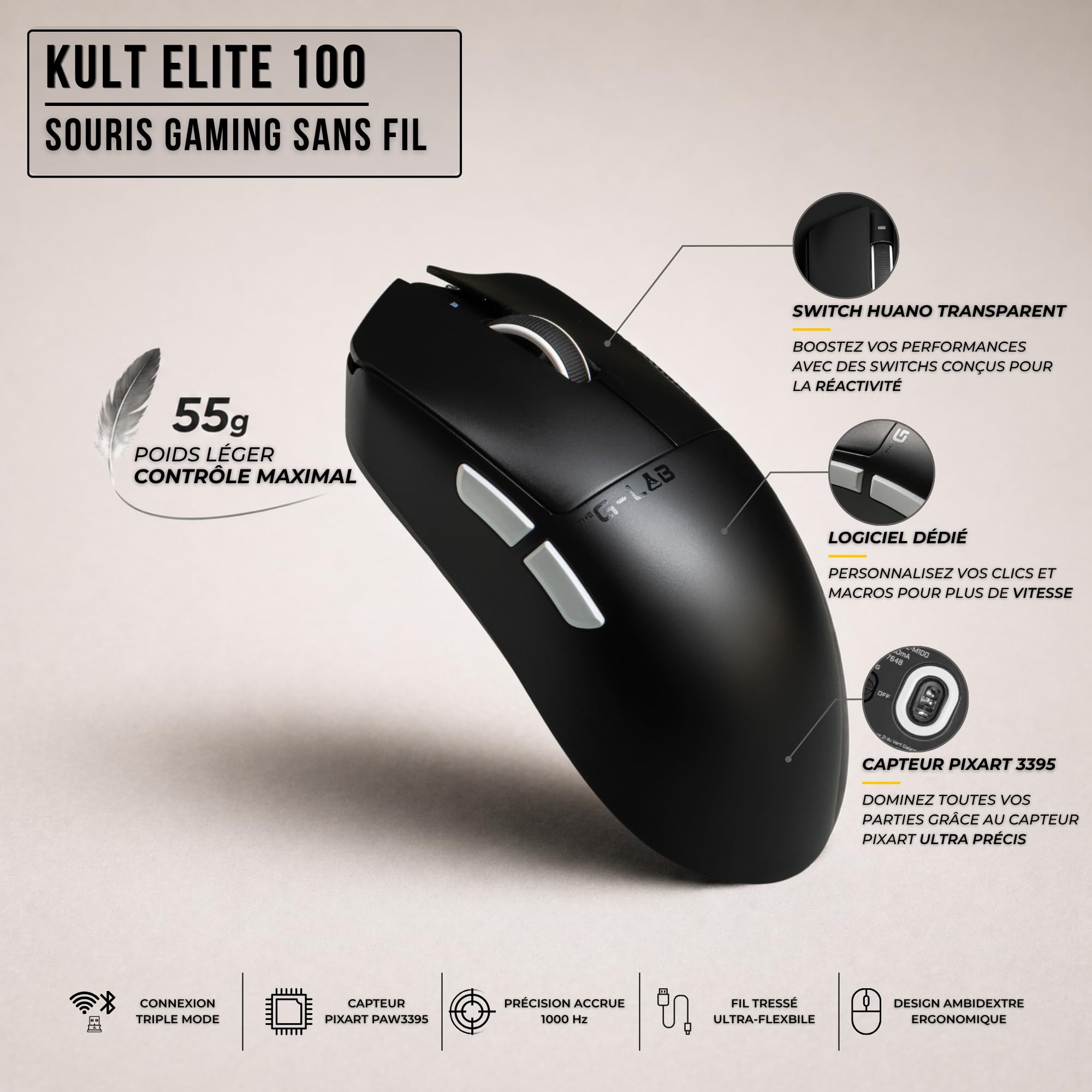The G-Lab Kult Elite M100 - Souris Gamer sans Fil 26 000 DPI 1000 Hz | Connexion Sans Fil Tri Mode 2.4GHz/Bluetooth/Filaire, Capteur PixArt 3395,26 000 DPI, 1000 Hz Polling Rate, Patins 100% PTFE