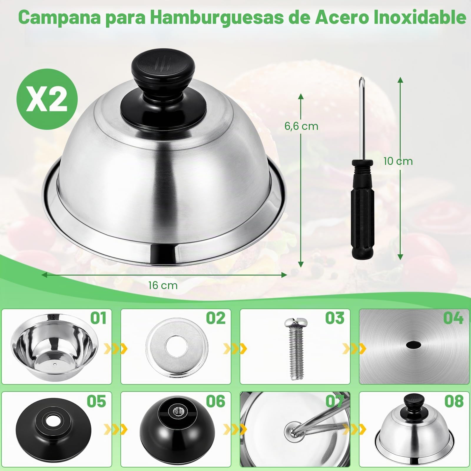 2 unidades de 16 x 6,6 cm Campana para hamburguesas, tapas de acero inoxidable para barbacoa, cocina, bistec, barbacoa y teppanyaki, apto para lavavajillas