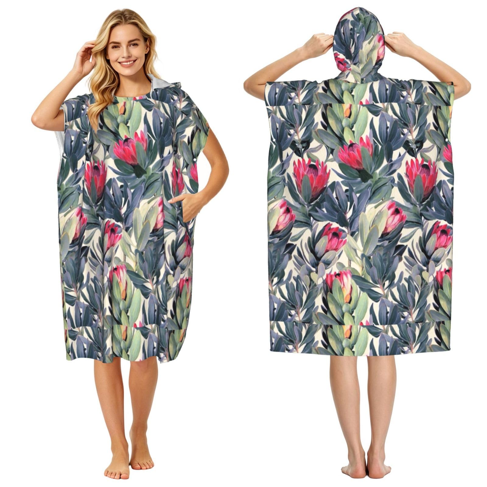 Poadnly Protea Paradise Printed, Adult Hooded Beach Towel 90 x 110 cm,Changing Bath Robe, Surf Poncho Towel For Women Men