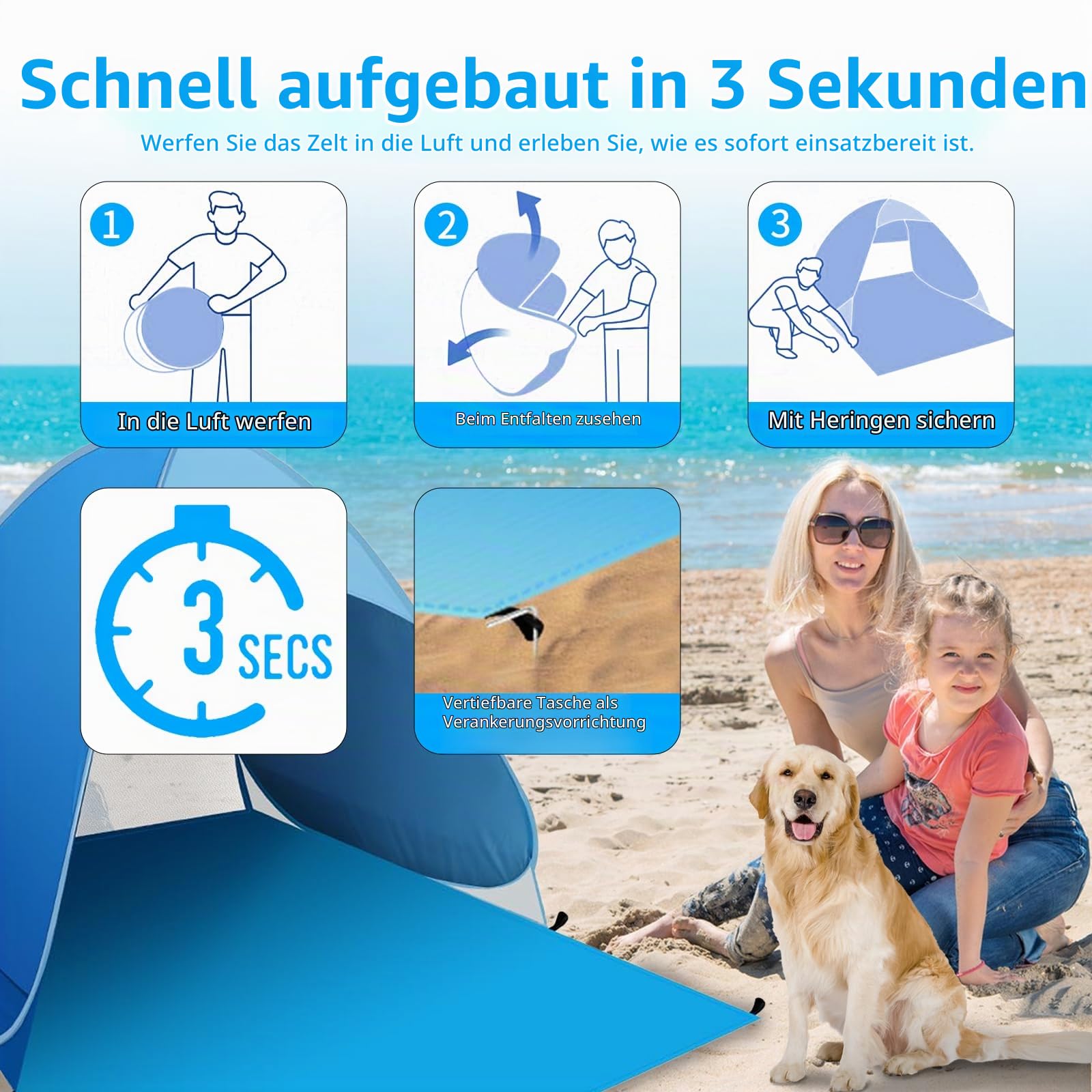 Strandmuschel Pop Up, Tragbares Automatisches Wasserdichtes Schattenzelt, UPF 50+ Strandzelt für 1-3 Persone, Pop-up Wasserdicht tragbar Wurfzelt, Beach Zelt für Camping Garten Strand