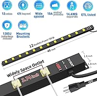 Vista 2 de 12 Outlet Long Power Strips Heavy Duty Garage Workshop Multi Wide Industrial Power Strip Surge Protector with 4ft Cord, ETL Certified, 1875W, Black