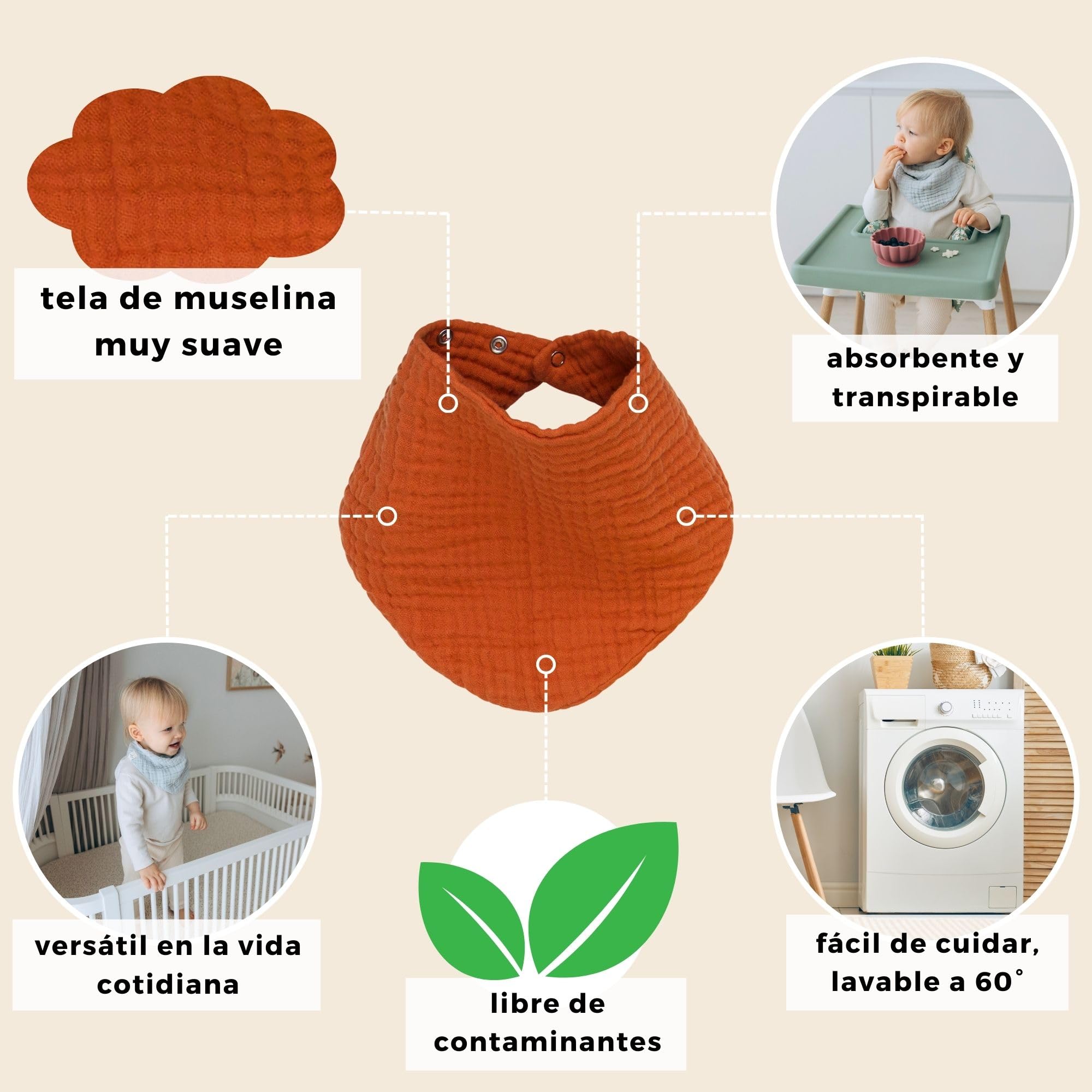 Baberos Bebe Recien Nacido (muy suave) muselina algodón orgánico ecologico GOTS + OEKO Tex 100 | absorbente y transpirable | Babero Bandana Bebe triangulares elegantes, bebe accesorios