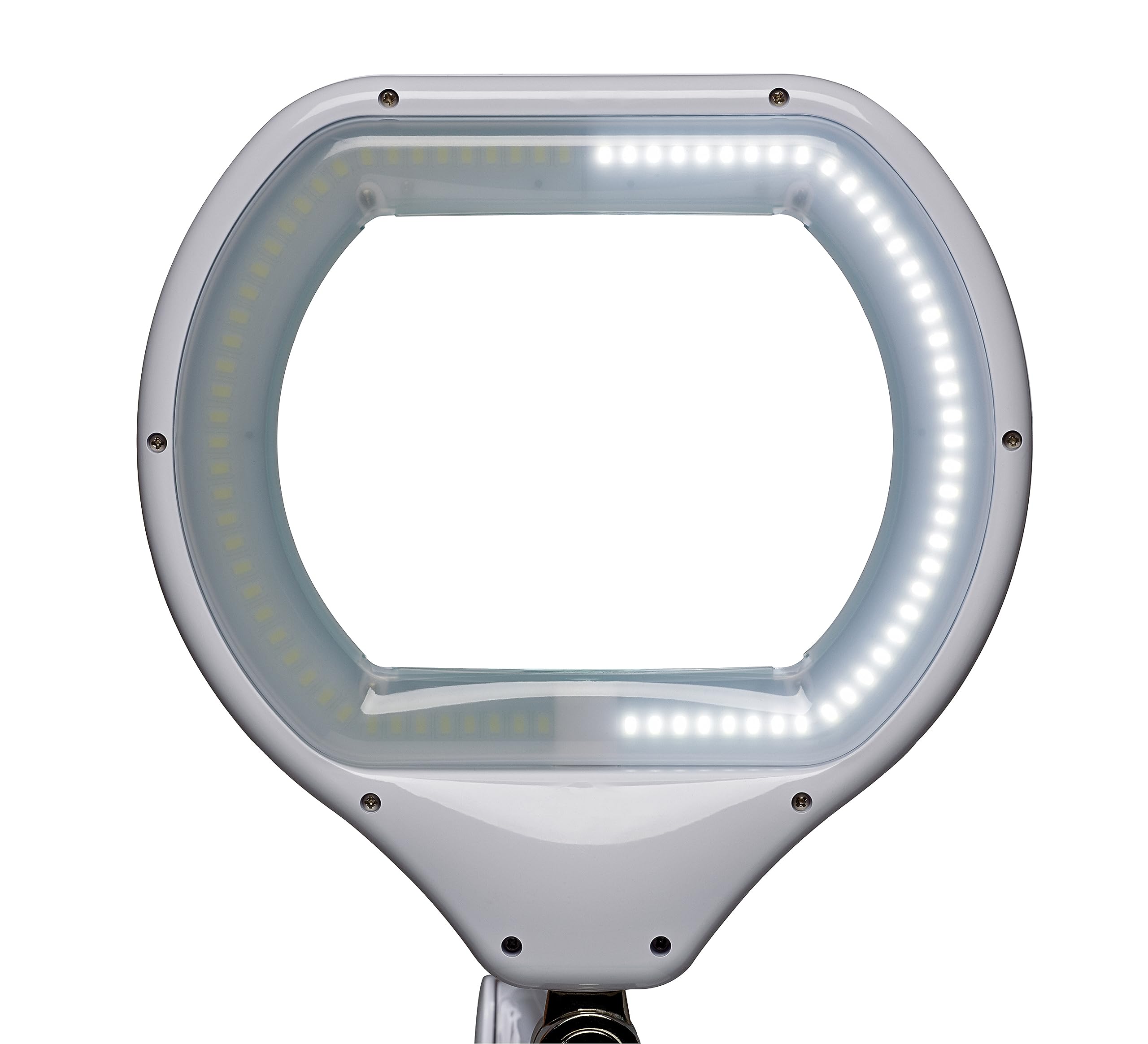 MAUL Lámpara lupa LED MAULcrystal blanca con pinza y brillo ajustable | visión amplia para detalles, luz tipo día cómoda, brazo flexible estable, atenuación precisa, sujeción segura en mesa