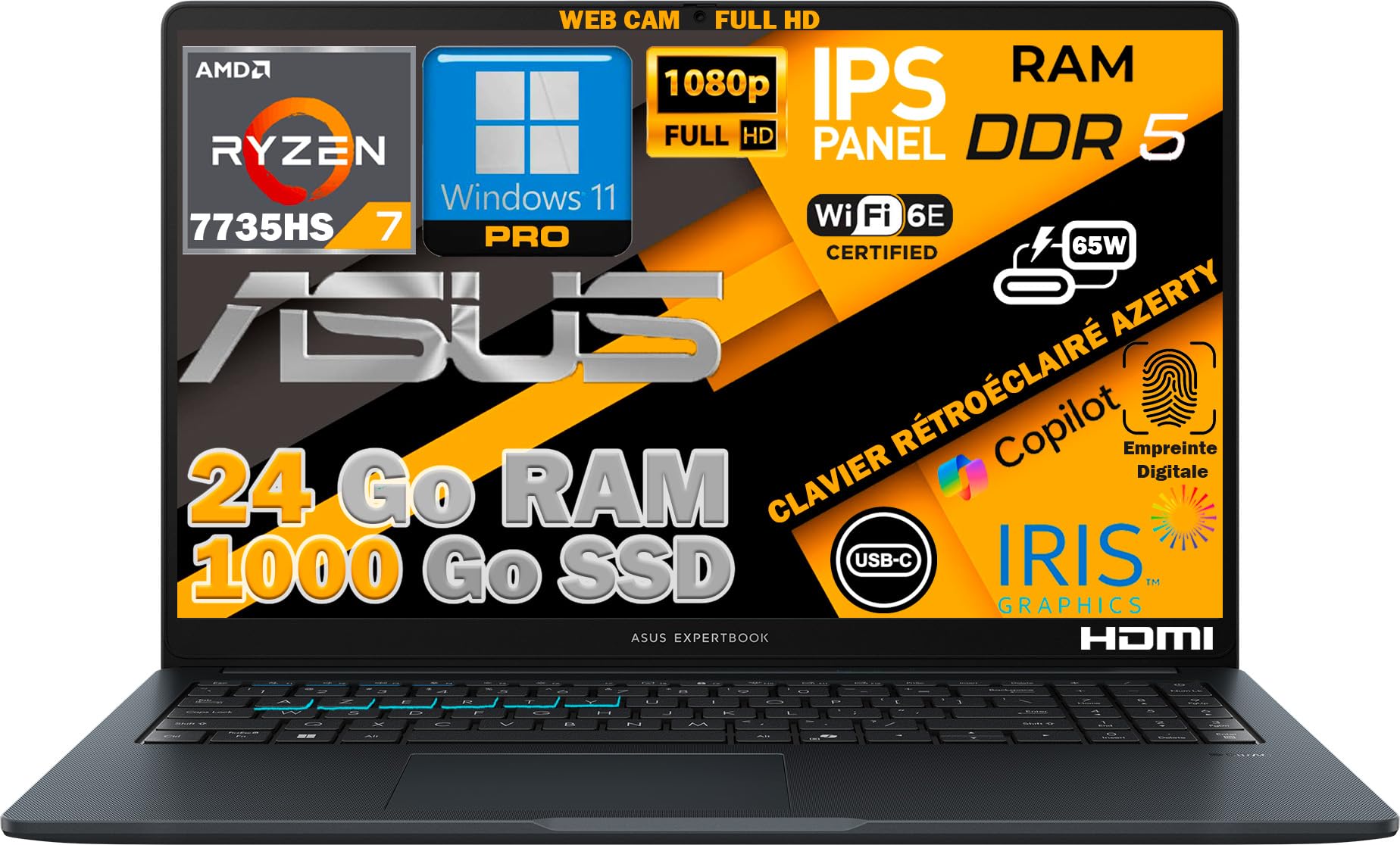 ASUS PC Portable Ordinateur 15,6" FHD IPS - Ryzen 7 7735HS, 24Go DDR5, SSD 1To NVMe, WiFi 6E, RJ45, Clavier FR AZERTY, Rétroéclairé, Empreinte Digitale, Windows 11 Pro, Prêt à l'emploi, Webcam FHD
