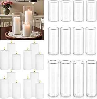 24 Pcs White Pillar Candles with Glass Candle Holder Hurricane Glass Candle Holders Clear