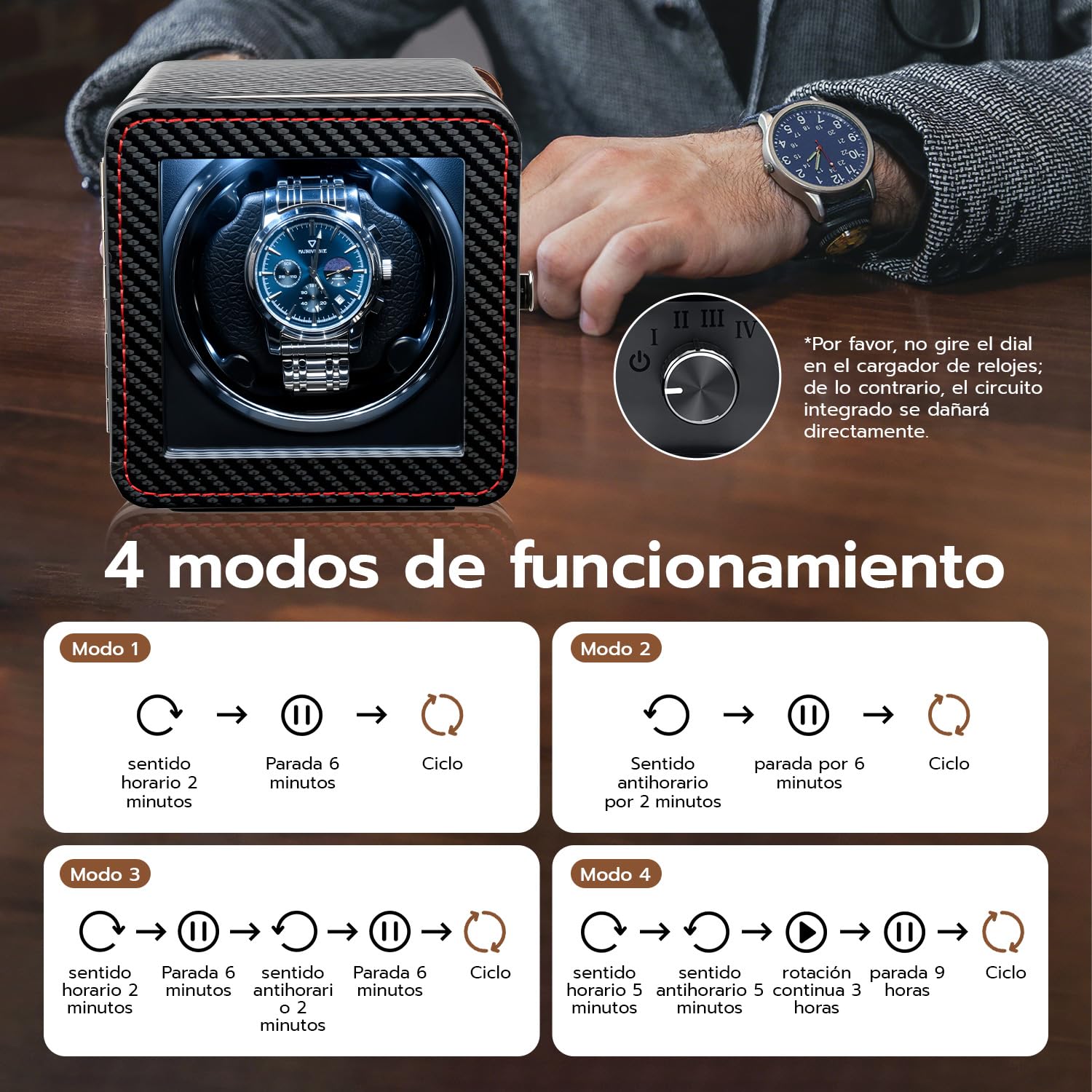 Mcbazel Enrollador de Relojes Automático con Luz LED – Watch Winder Caja Giratoria para un Solo Reloj, Motor Silencioso, 4 Modos de Rotación, Caja de Reloj en Piel PU - Fibra de Carbono