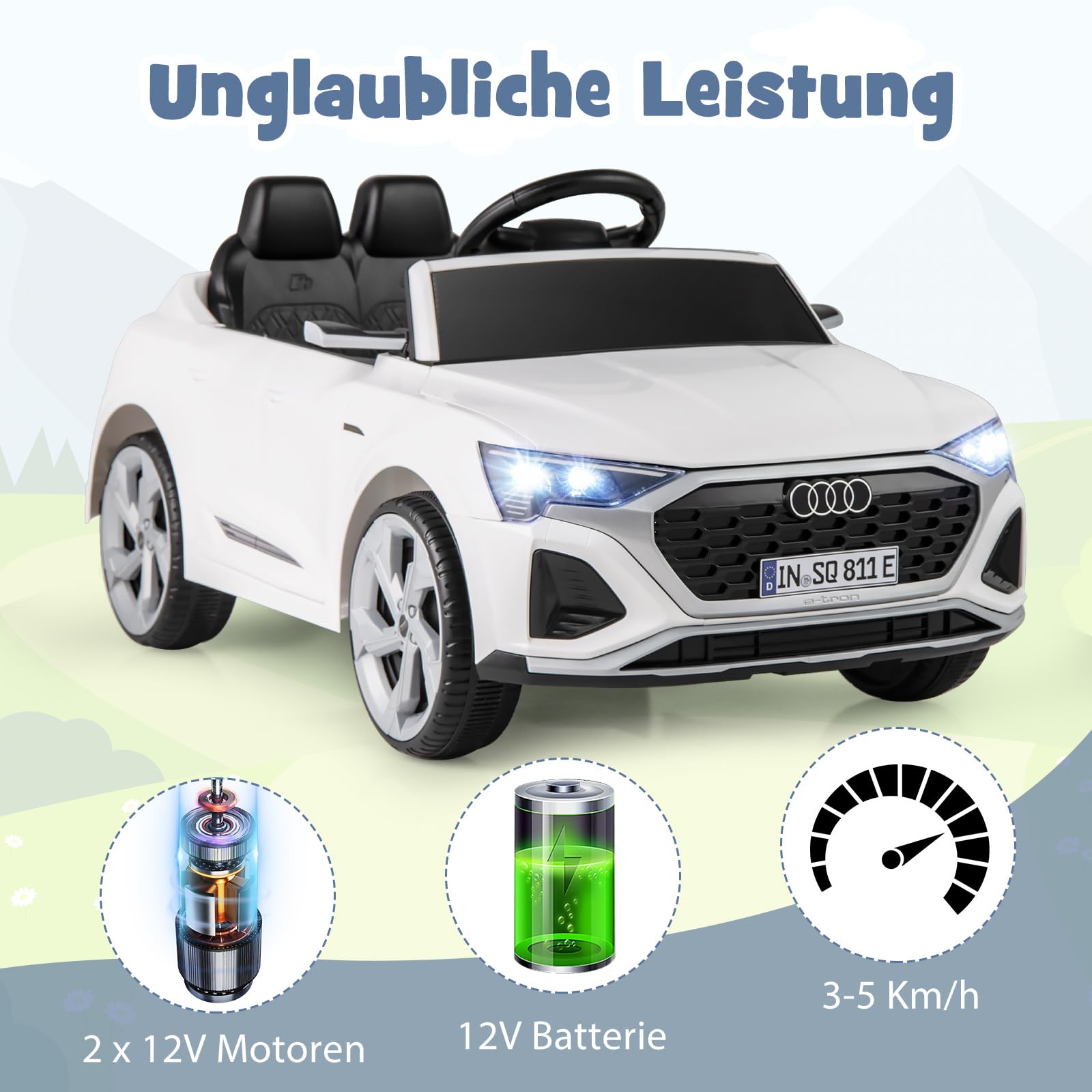 COSTWAY Kinder Elektroauto Audi SQ8, 12V Elektrofahrzeug mit 2,4G Fernbedienung & Hupe & Scheinwerfer & Musik, 3-Gang Kinderauto Elektrisch, Elektroauto für Kinder ab 3 Jahren (Weiß)