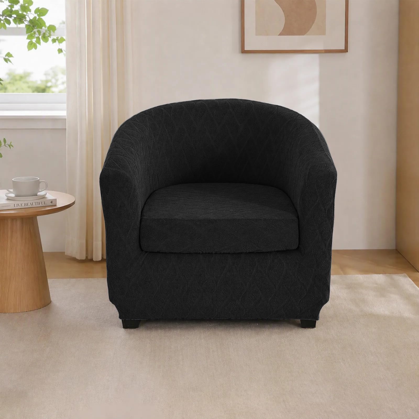 LiveGo Club Chair Slipcover 2 Piece Stretch Printed Round Barrel Chair Covers Removable Tub Chair Slipcover with Elastic Bottom Chair Coverings Furniture Protector Cover for Living Room (Black F) — image 1