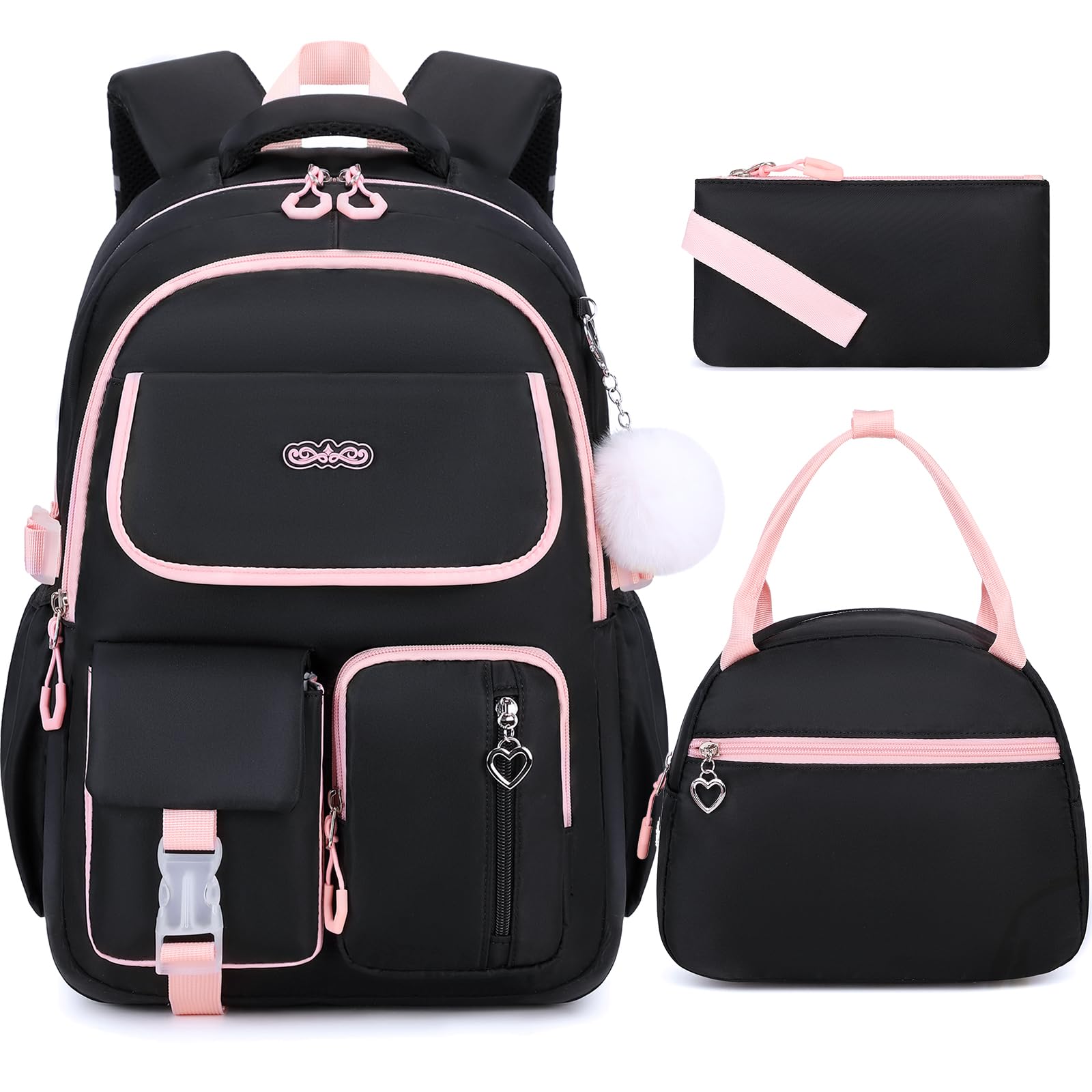 DIGOBAY Backpacks for Girls, 3PCS School Backpack with Lunch Box Pencil Pouch for Teen Girls Kids Elementary Primary Middle High College School