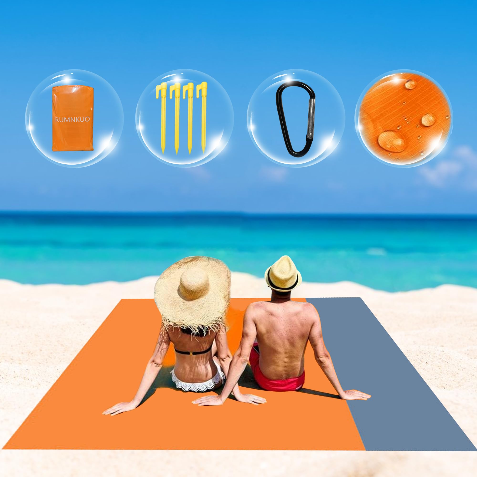 Tapis De Plage Imperméable Anti-sable 210x200 Cm - Couverture De Plage Légère Avec 4 Piquets, Pour Pique-nique, Camping, Voyage