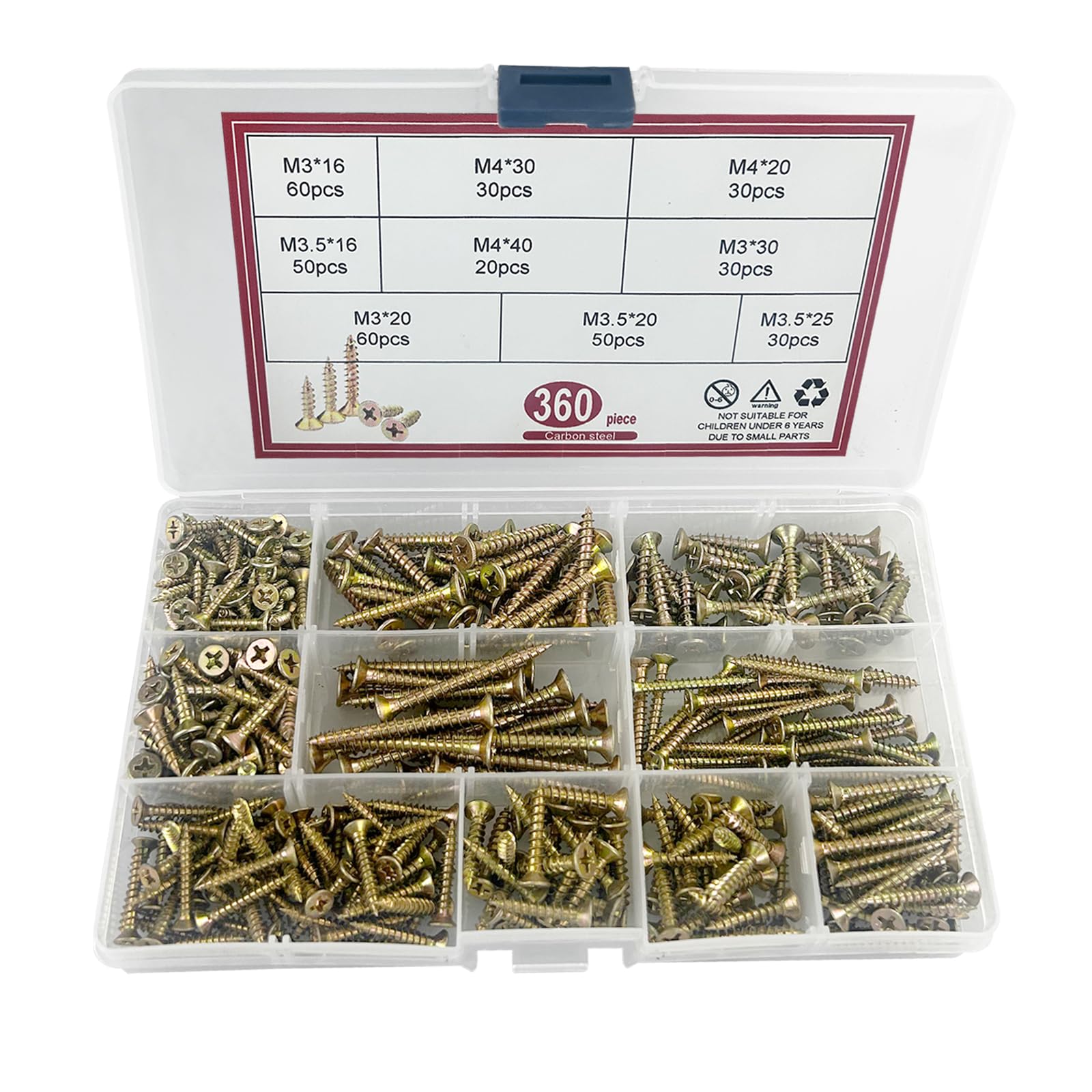 Lot De 360 Vis à Bois M3 M3,5 M4 – Tête Fraisée Cruciforme – Boîte De Rangement