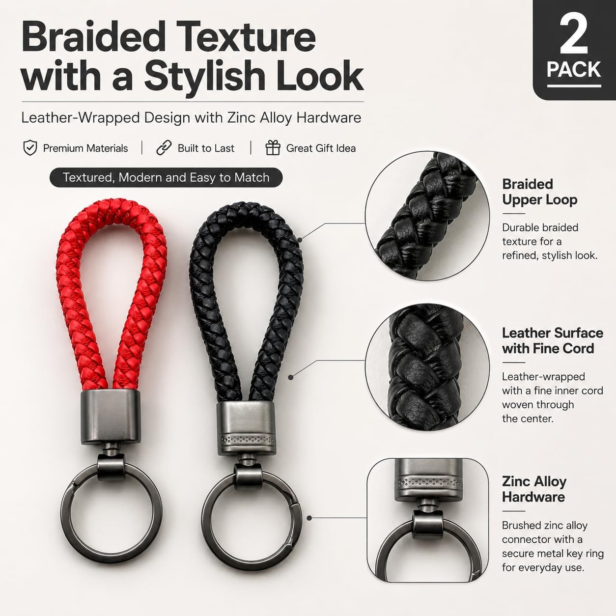 2 Pack Braided Leather Keychain, Handwoven Rope Strap Keychain for Women Men, Leather Keychains for Car Keys